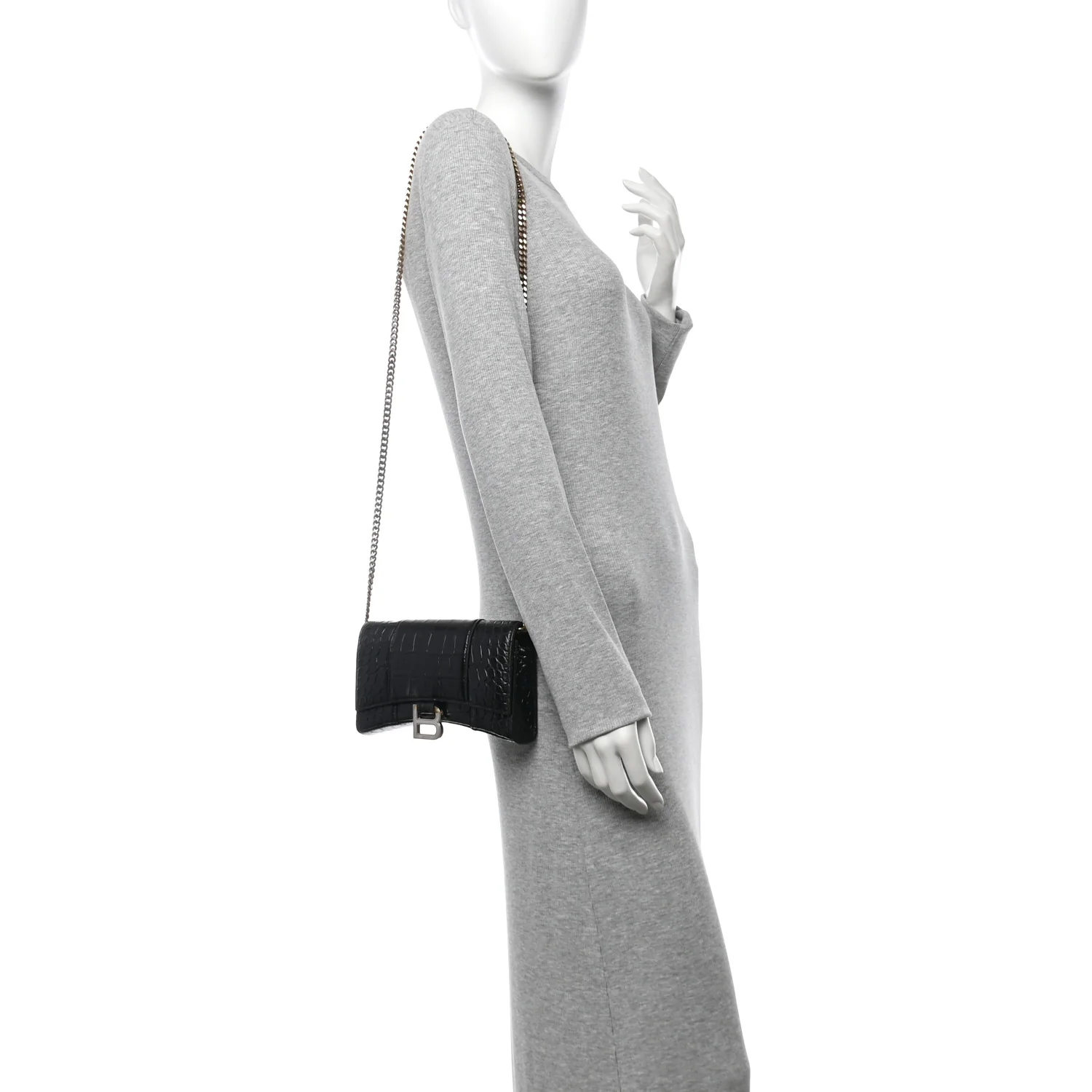 Shiny Calfskin Crocodile Embossed Hourglass Chain Bag Black