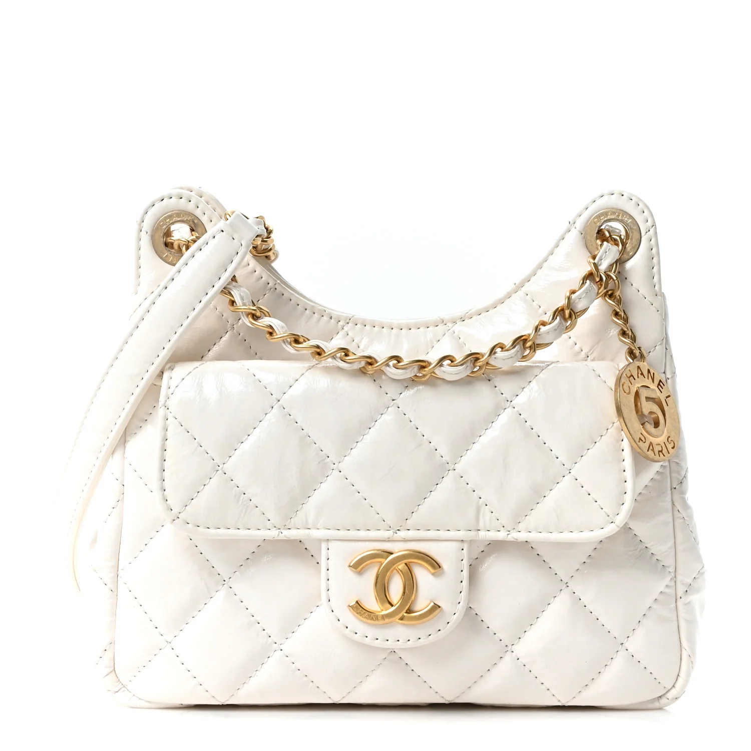 Shiny Crumpled Calfskin Quilted Small Wavy CC Hobo White