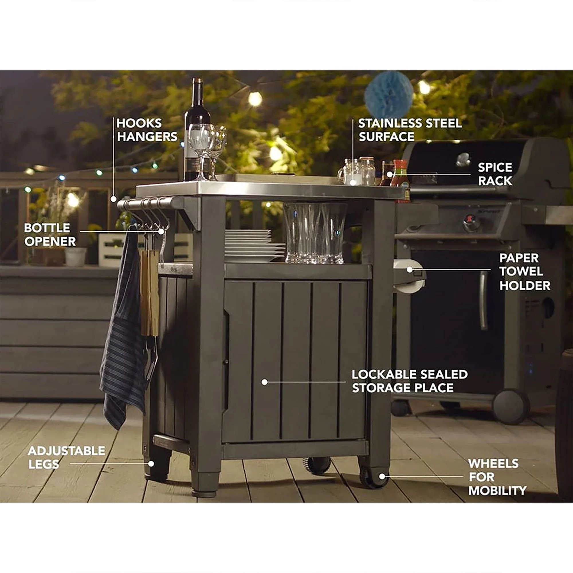 Unity 40 Gal Patio Storage Grilling Bar Cart w/Stainless Top, Brown(Brown) Image 7