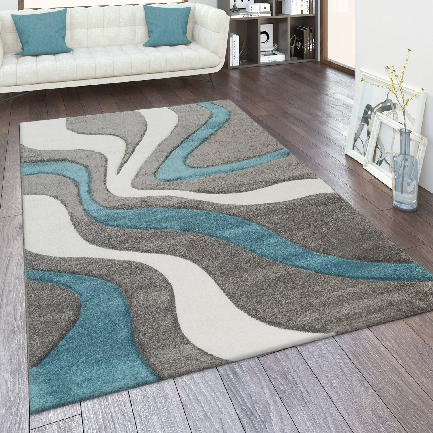 Paco Home Designer Area Rug with Contour Cut and Modern Wave Pattern 2' x 3'7 inch - grey-blue, Size: 2' x 3'7 - Grey-Blue