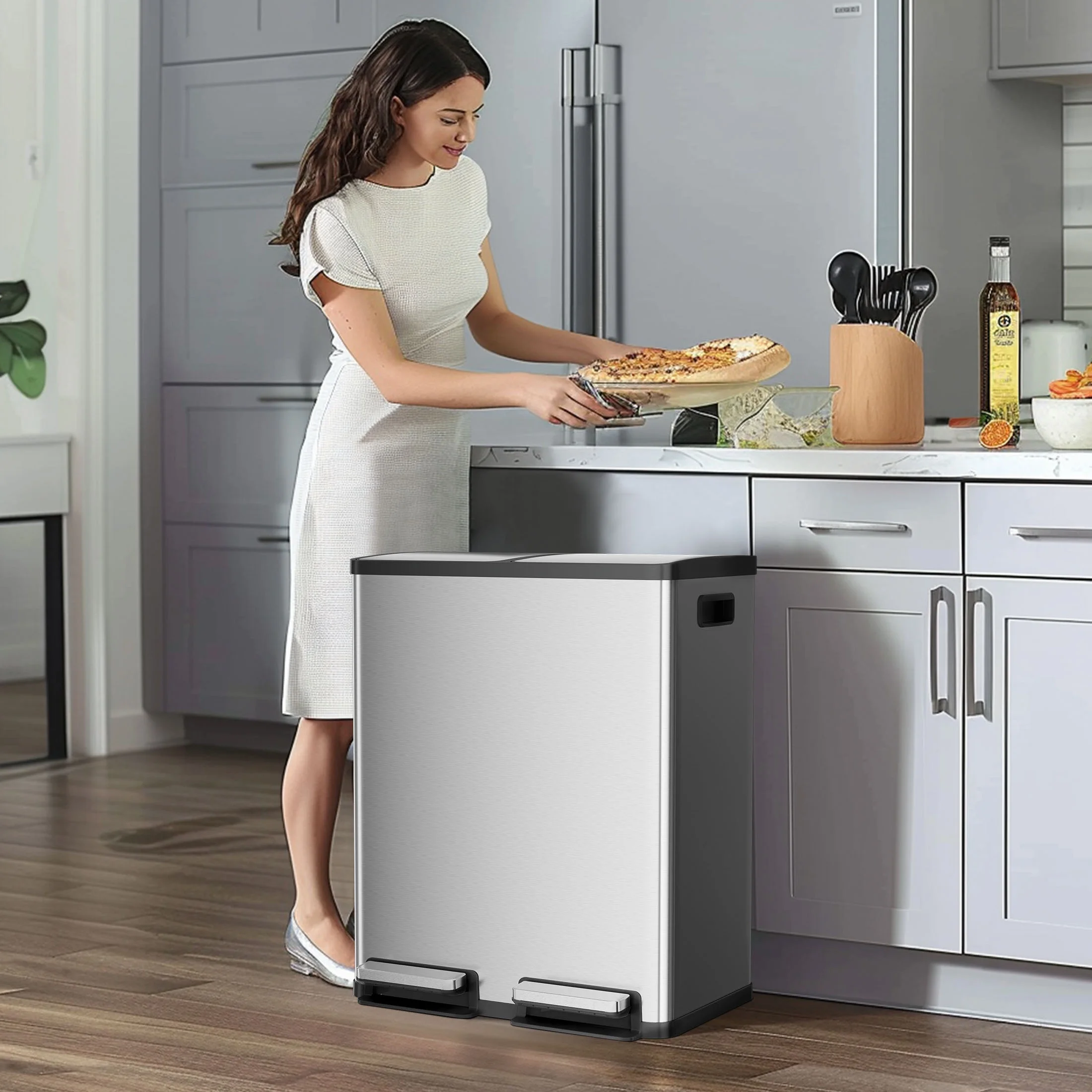 2 x 8.3 Gallon Dual Garbage Recycle Trash Can with Lid, Inner Buckets for Kitchen, Stainless Steel, Sliver(Sliver) - Image 2