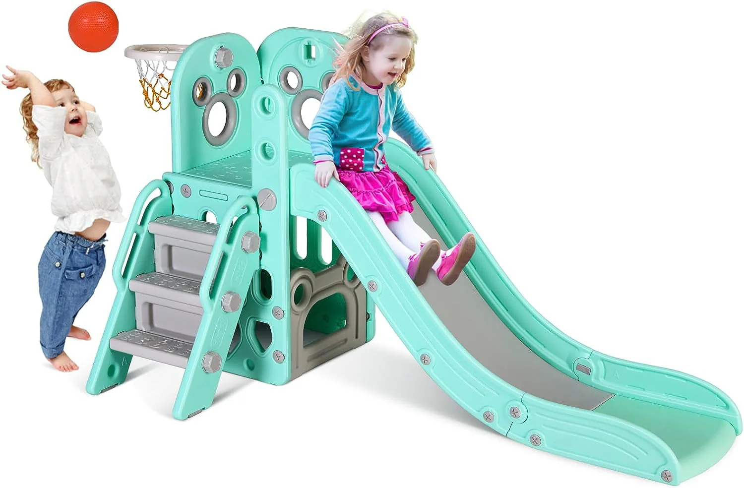 Sturdy Kids Slide, 4 in 1 Toddler Slide and Climber Playset with Basketball Hoop Storage Space, Non Slip Steps, Indoor Outdoor Toys for Boys Girls Image 7