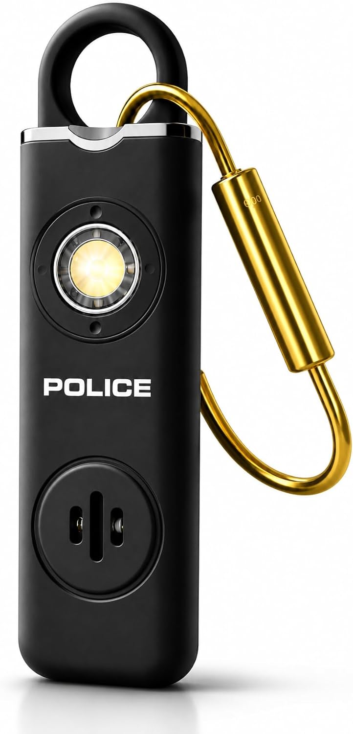 Police Personal Safety Alarm Keychain, Rechargeable Loud Emergency Alarm w/ Strobe Light, Portable Self Defense Alarm for Women, Kids, Seniors, Travel, Black