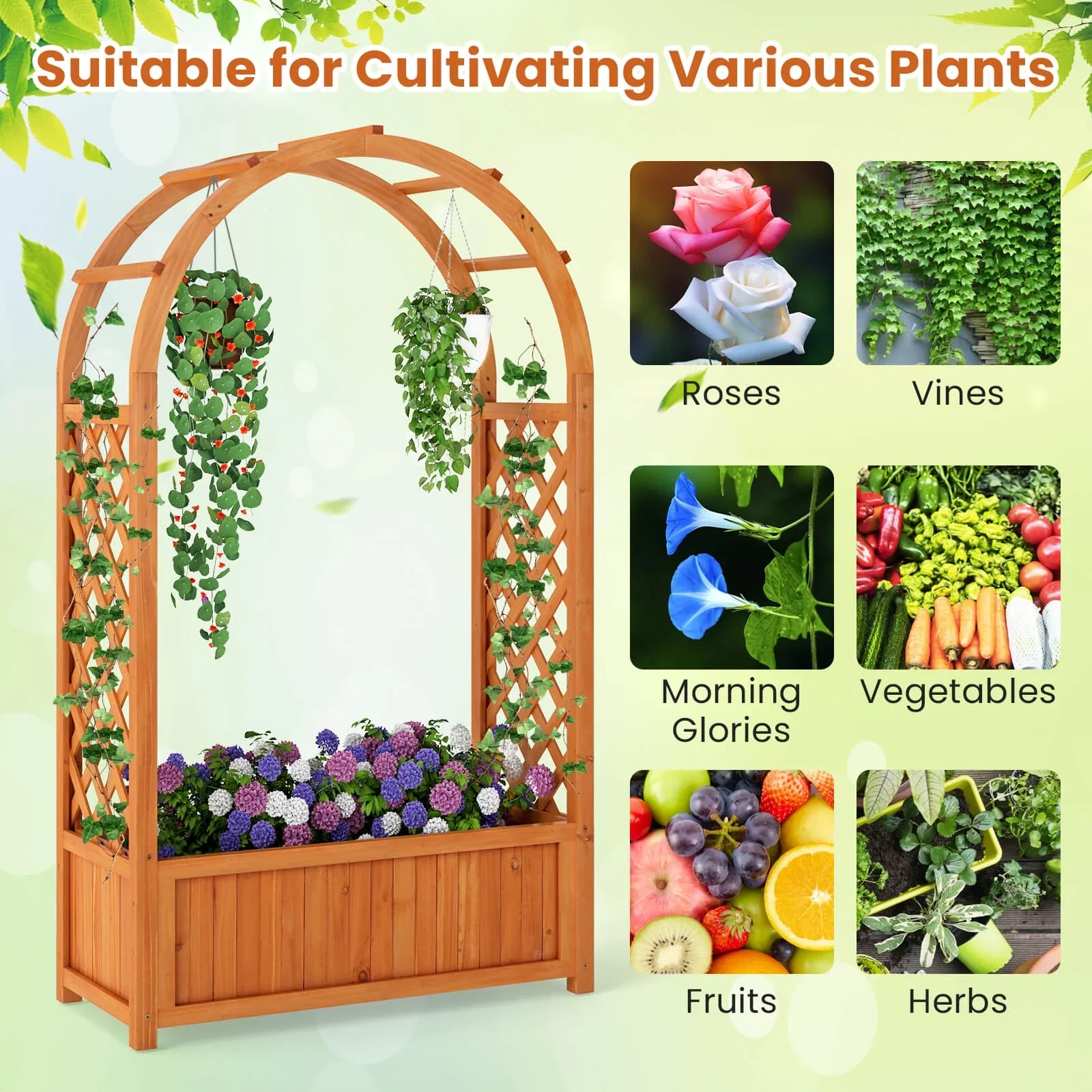 Costway 1 PCS Raised Garden Bed Wooden Elevated Planter Box with Lattice Trellis & Ached Roof
