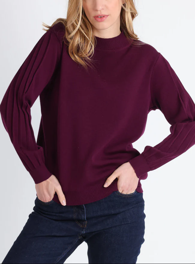 Pull femme en laine mérinos manches fantaisies Violet nuit