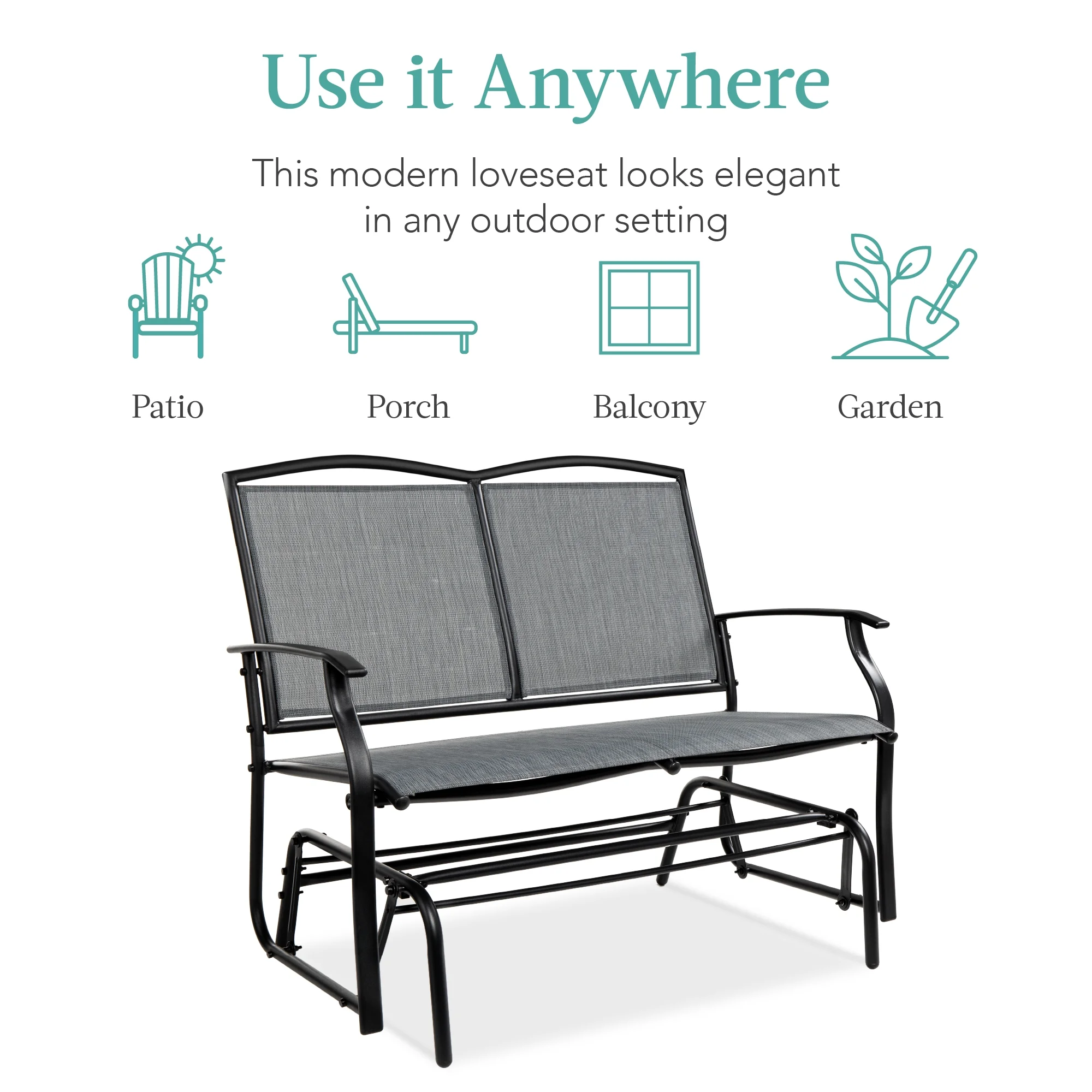 2-Person Outdoor Swing Glider, Steel Patio Loveseat, Bench Rocker w/ Armrests Gray(Gray) - Image 10