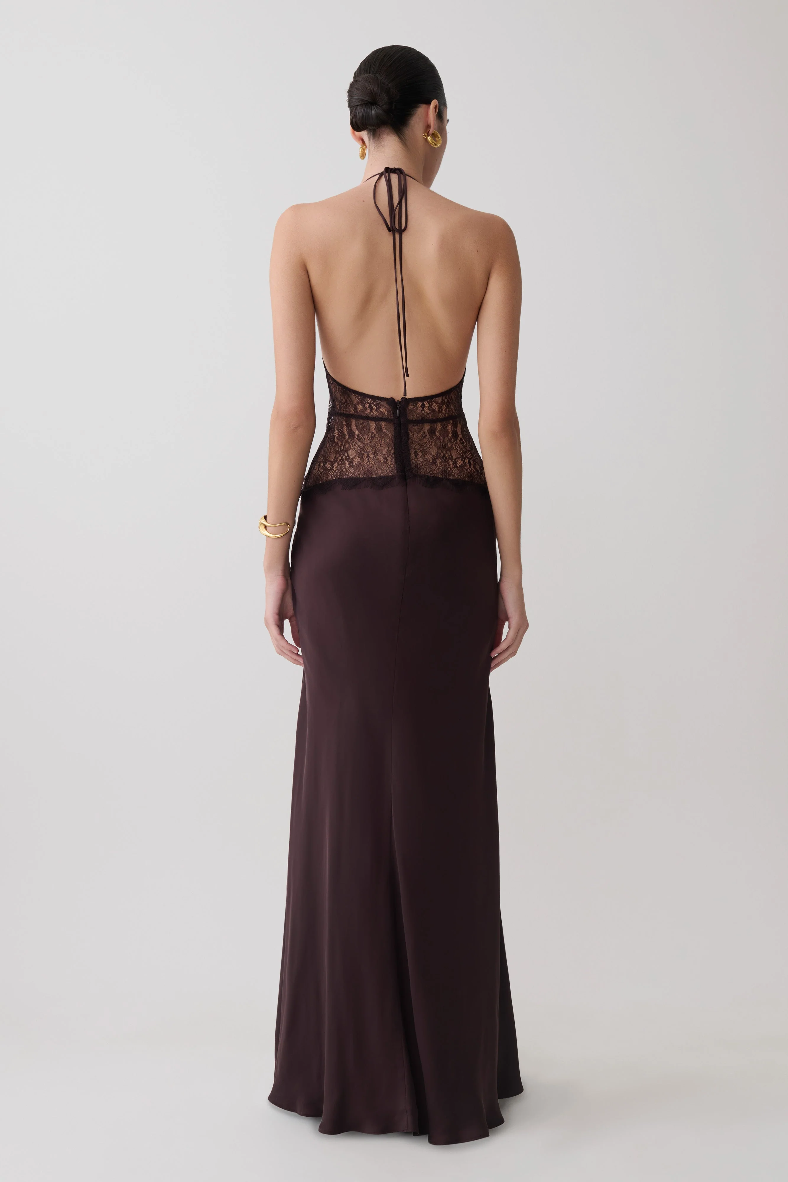 Dinah Lace And Satin Maxi Dress - Chocolate