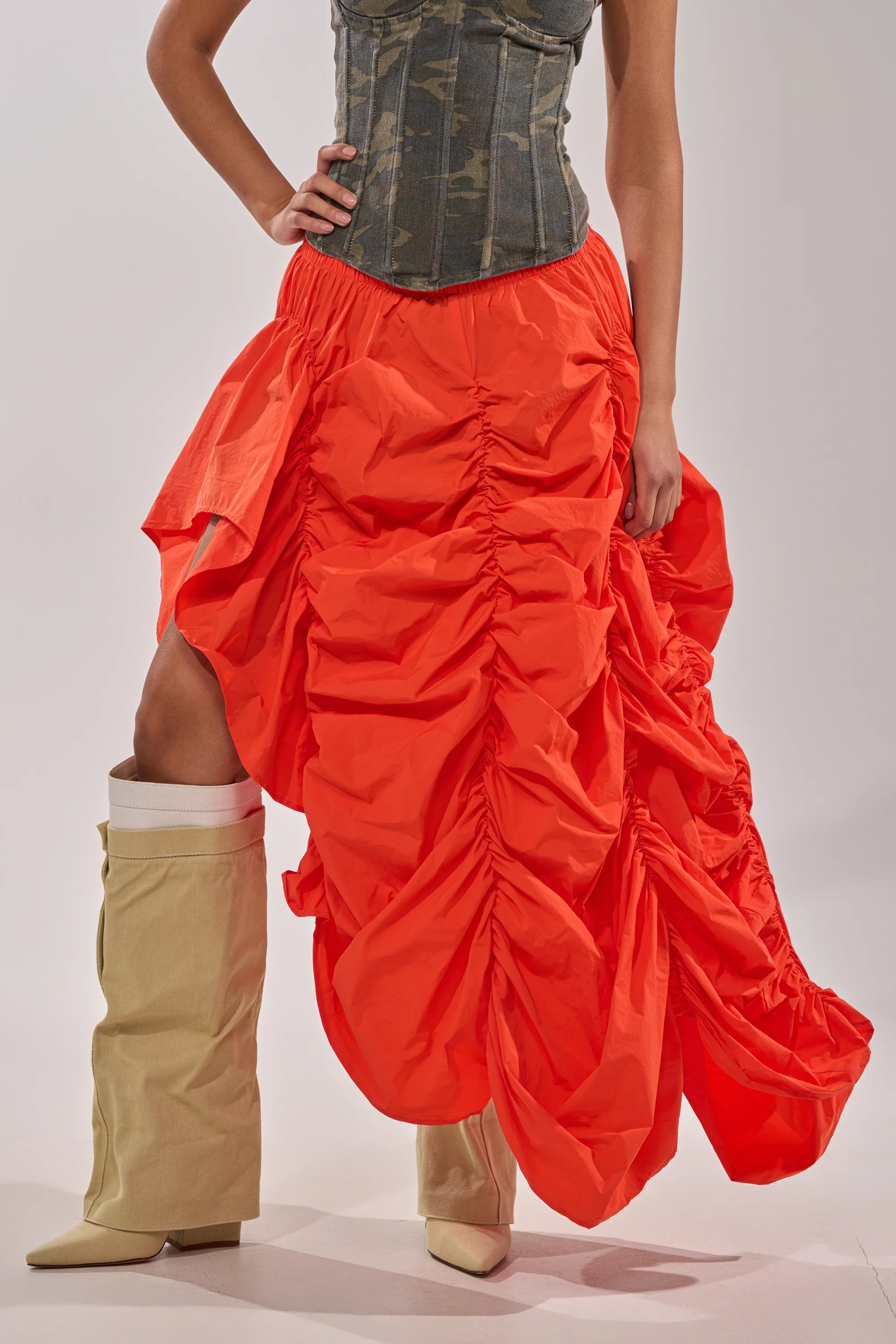 LETS CHANGE IT UP RUCHED MIDI SKIRT IN ORANGE - Akira Store