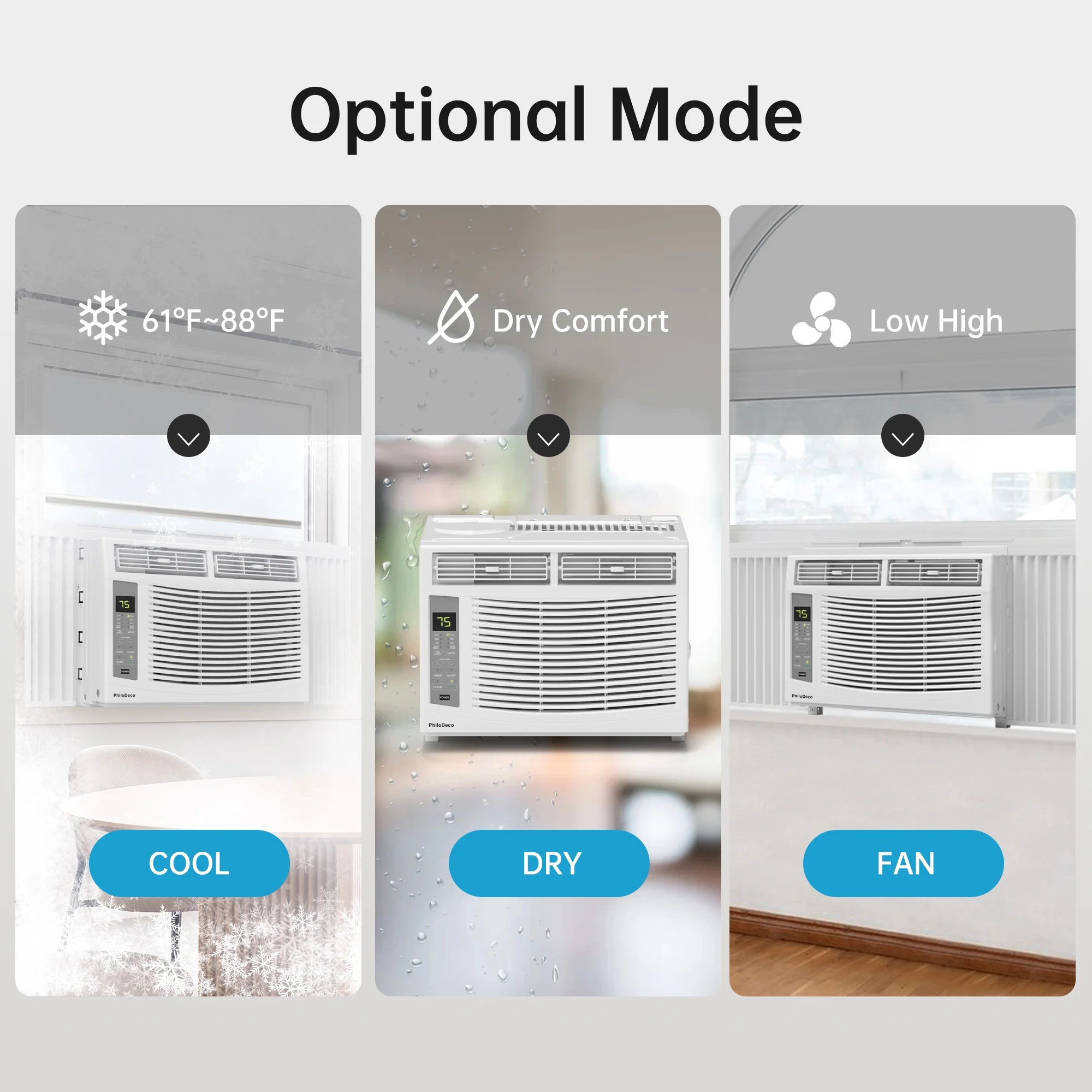 Philodeco 6000 BTU Window Air Conditioner Cool to 250 Sq Ft Intelligent, LED, Remote Control, Easy to Clean Filter Screen, Can Be Used As a Dehumidifier/Fan, Operates Quietly, and Is Energy - Saving