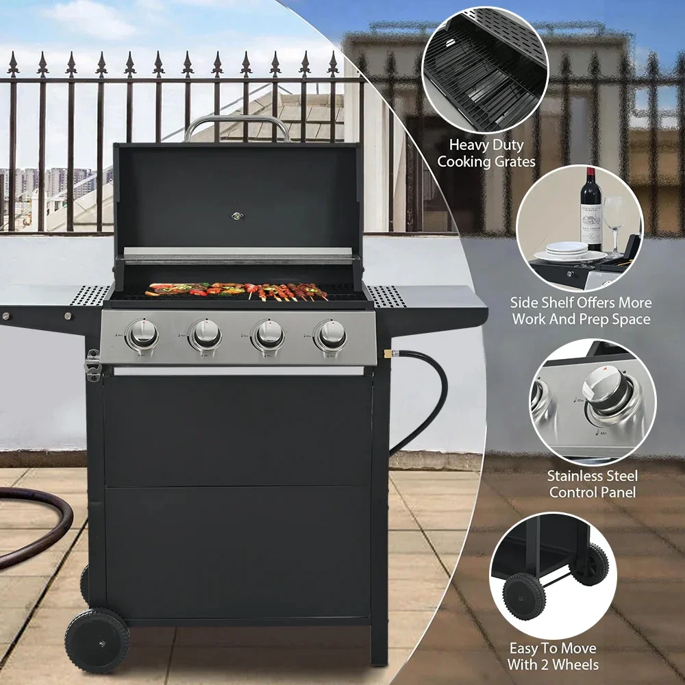 Highsound 3 Burner BBQ Propane Gas Grill, Stainless Steel 25650 BTU Patio Garden Barbecue Grill with Thermometer, Black