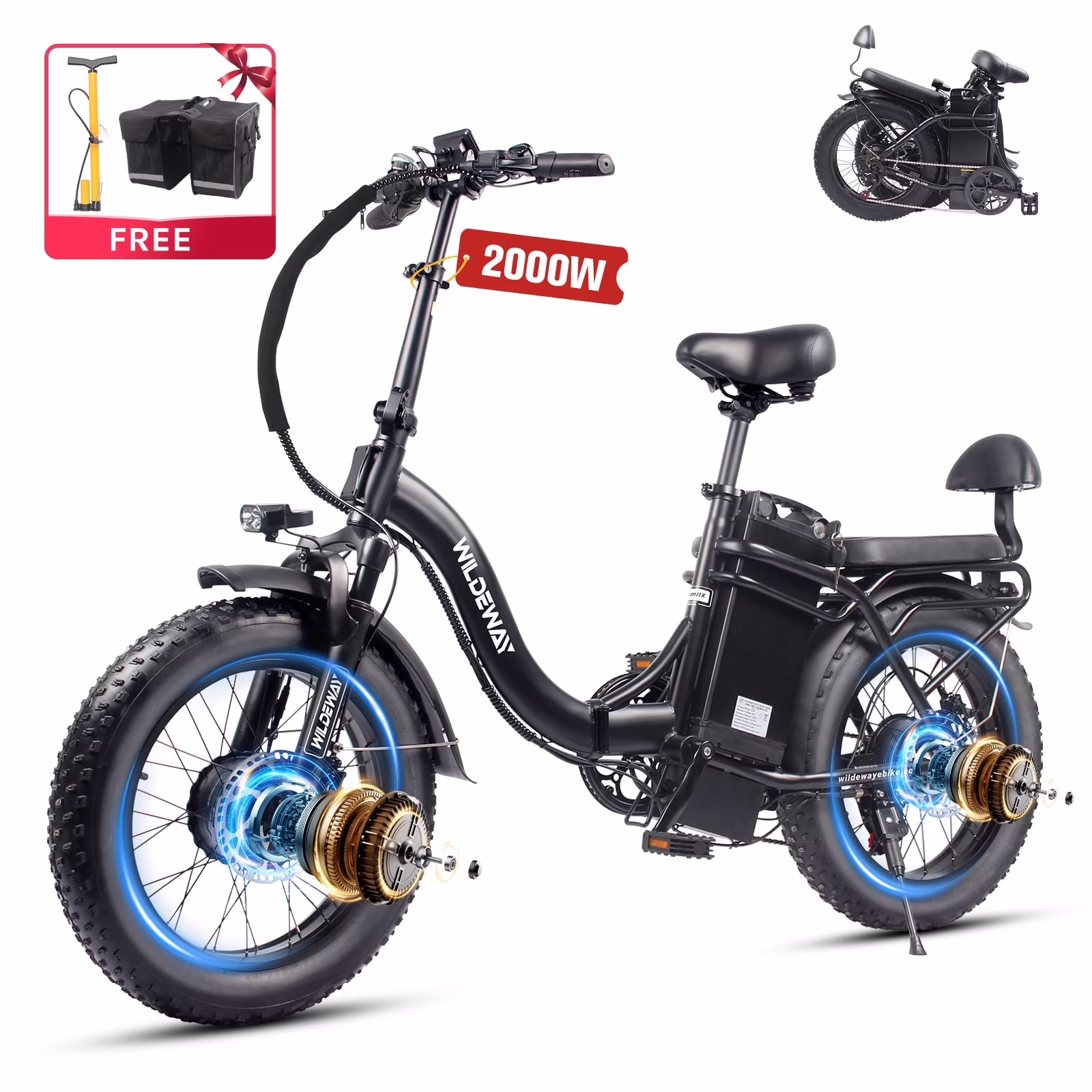 Folding Dual Motors 2000W Mountain Bike for Adult, UL2849 48V 32AH Removable Battery Ebike 20X4"Fat Tire up to 28MPH100 Miles Long Range Off Road Dual Hydraulic Disc Brake Electric Bicycle.(Black)