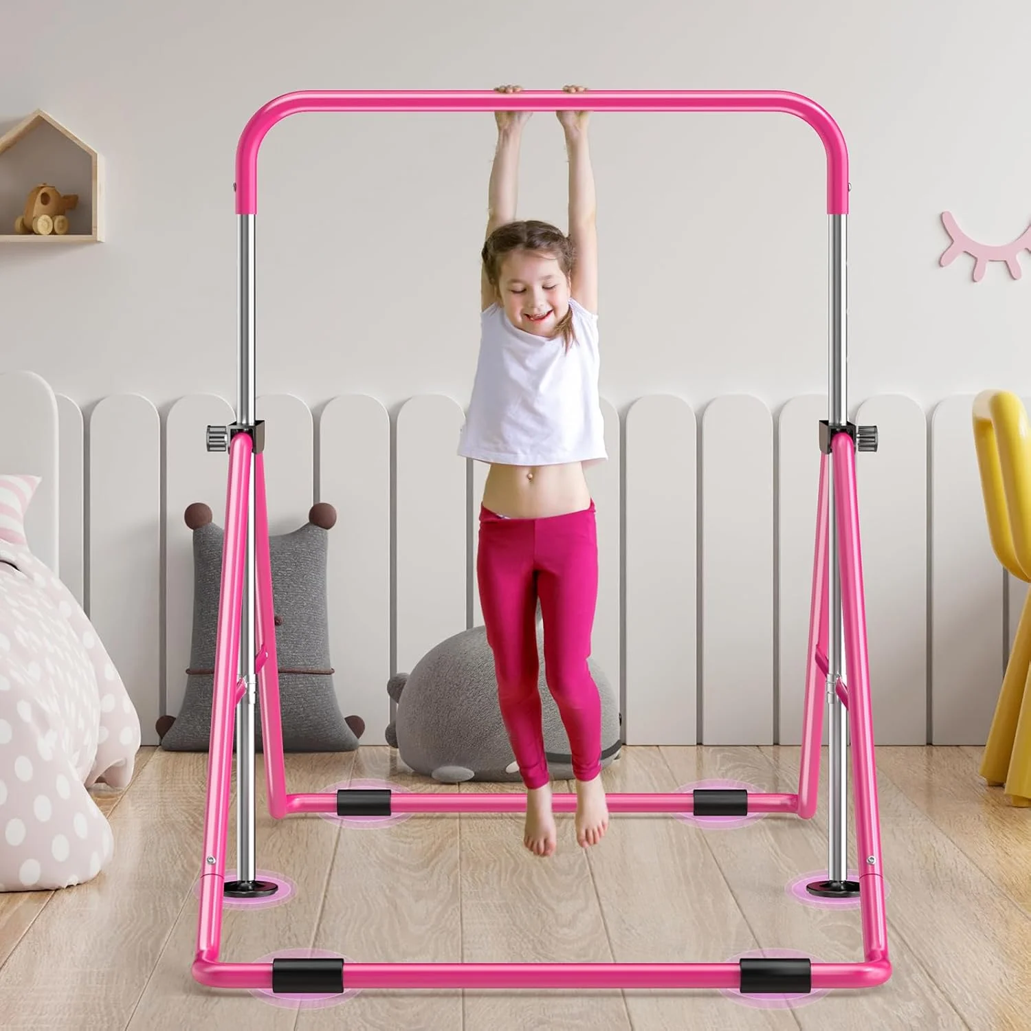 Gymnastics Bar with Mat for Kids, Height Adjustable Junior Training Bar Mat for Home, Folding Gymnastic Horizontal Bars Equipment (Pink+Mat)(PINKBARMAT) - Image 6