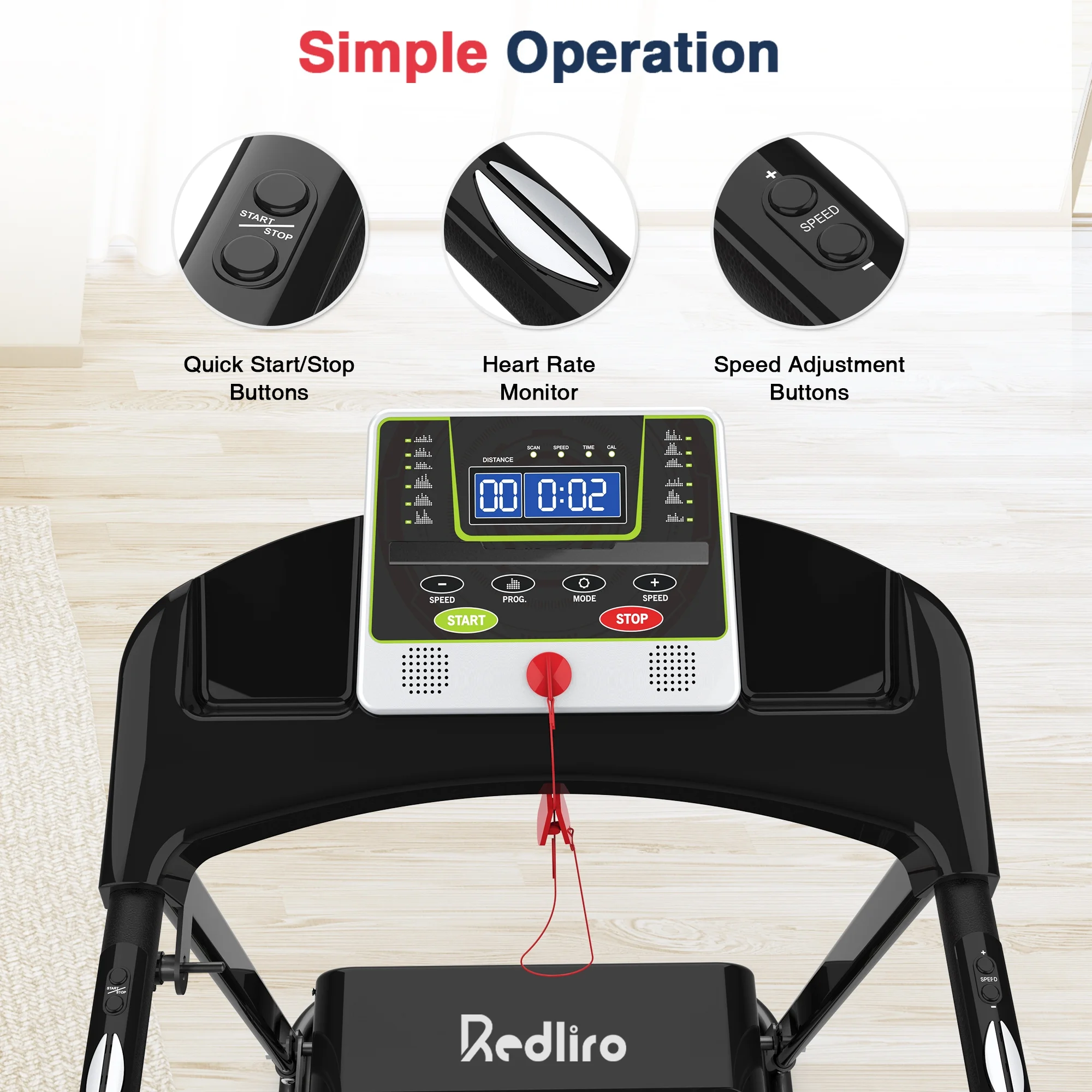 Redliro Treadmill for Seniors with Long Handrails - Recovery Treadmill for Walking 300 lb Weight Capacity - Walking Treadmill Elderly with Desk & Cup Holder (Glossy Black)