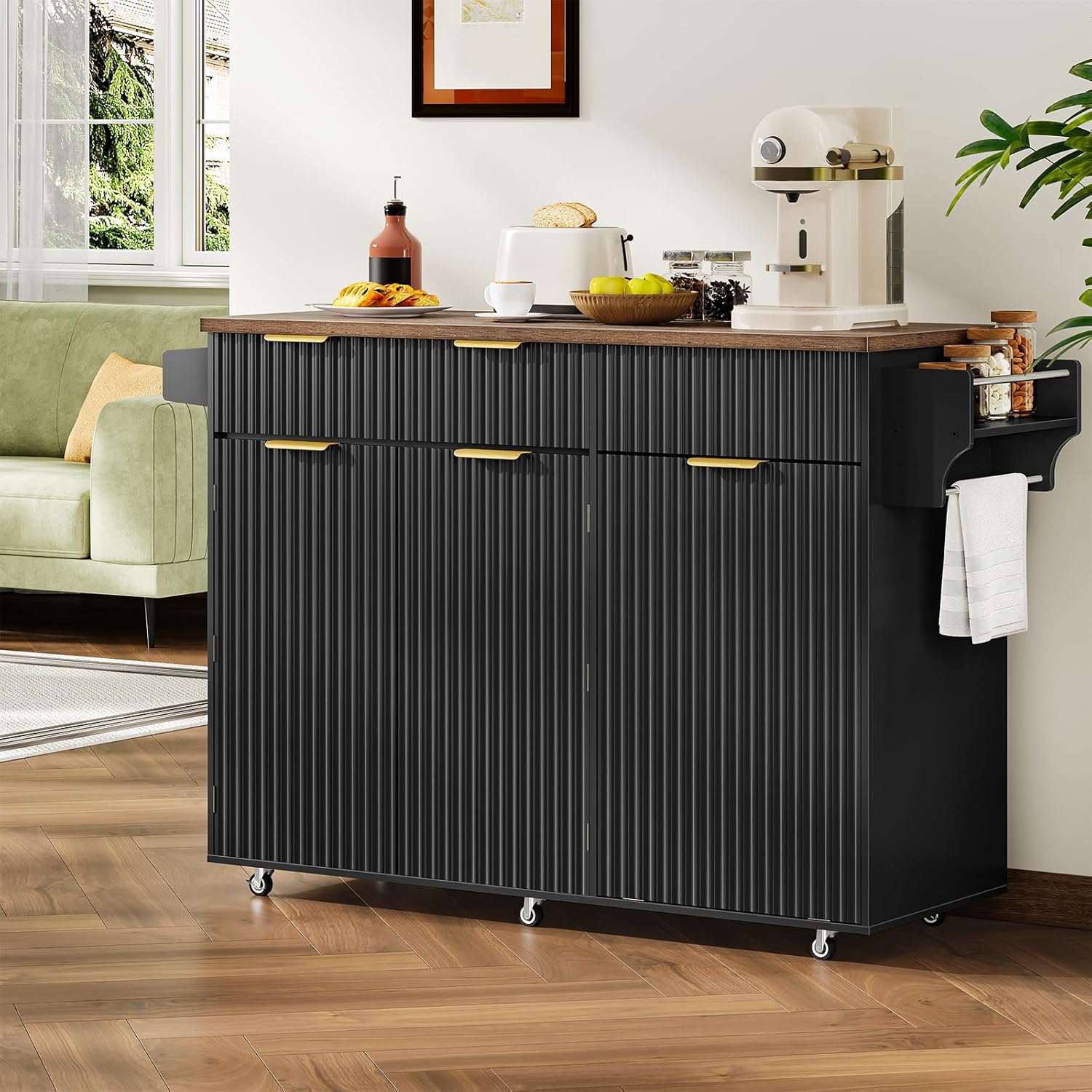 Mobile Kitchen Island with Folding Drop Leaf Countertop, Rolling Kitchen Island Cart with Trash Can Storage, Drawers, Adjustable Shelf, Spice Rack, for Dining Room, Black and Walnut MZD08BL