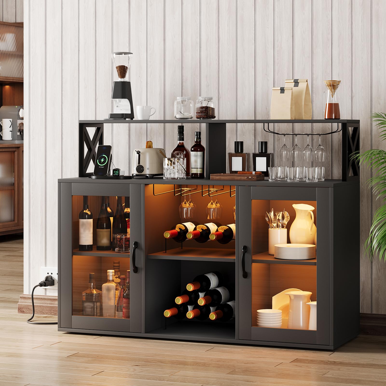 Bar Cabinet for Home, Wine Cabinet with Power Outlets, Led Lights and and Glass Holder, Liquor Cabinet with Storage, Racks for Home, Kitchen(Retro Gray) - Image 9
