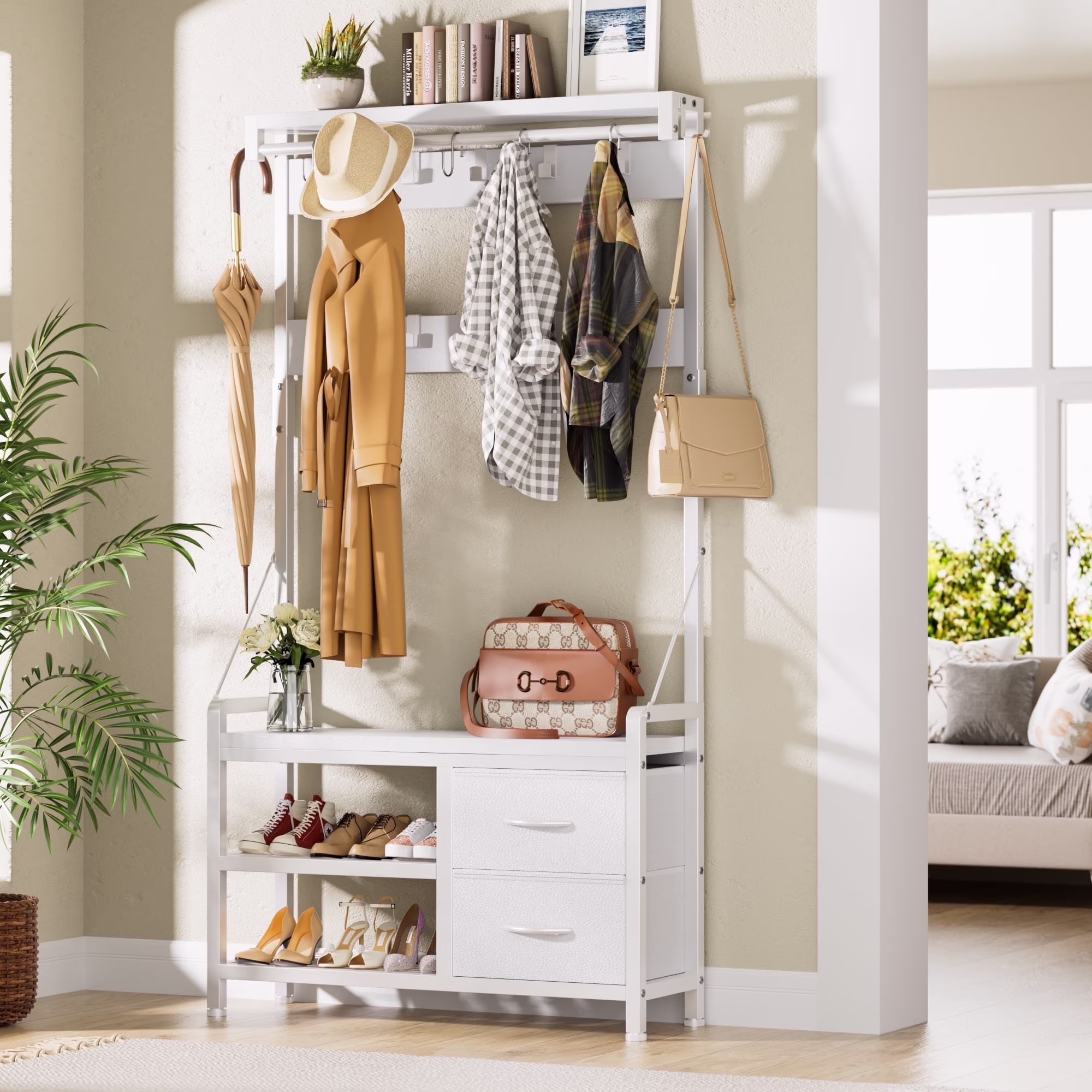 GIKPAL 5 in 1 Hall Tree, Entryway Bench with Coat Hooks Industrial Entryway Bench with 17 Hooks 2 Drawers and Top Shelf, for Hallway or Living Room, Rustic Brown(2 Drawers/Brown)