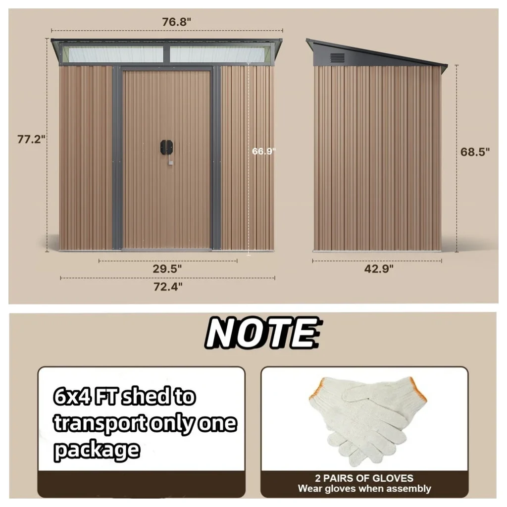 Aiho 6x4 FT Metal Storage Shed, Sheds & Outdoor Storage with Sliding Doors, Galvanized Steel Garden Shed for Bike Storage, Tool Storage - Brown