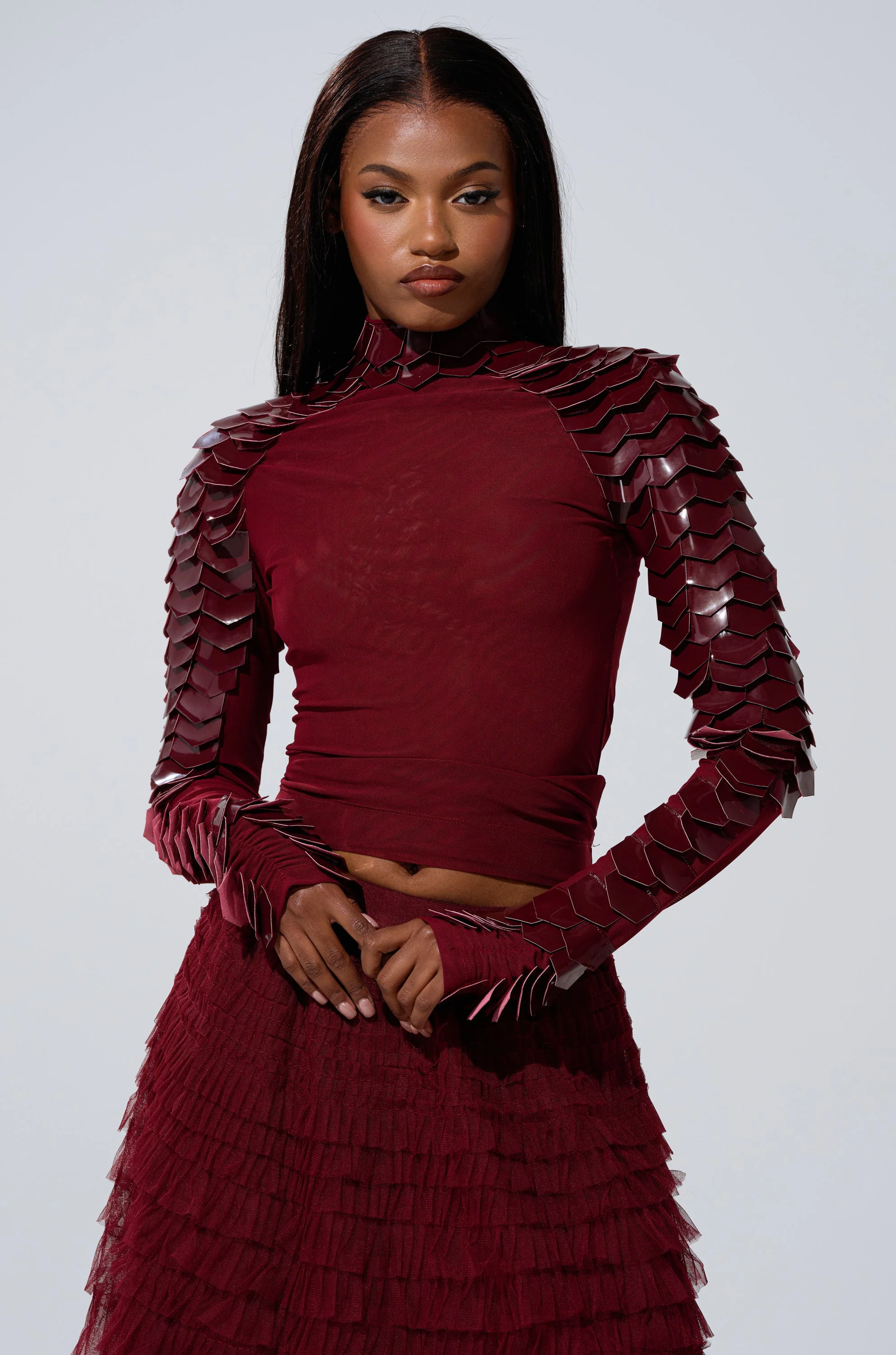 VELMA VINYL SCALE TOP IN BURGUNDY - Akira Store