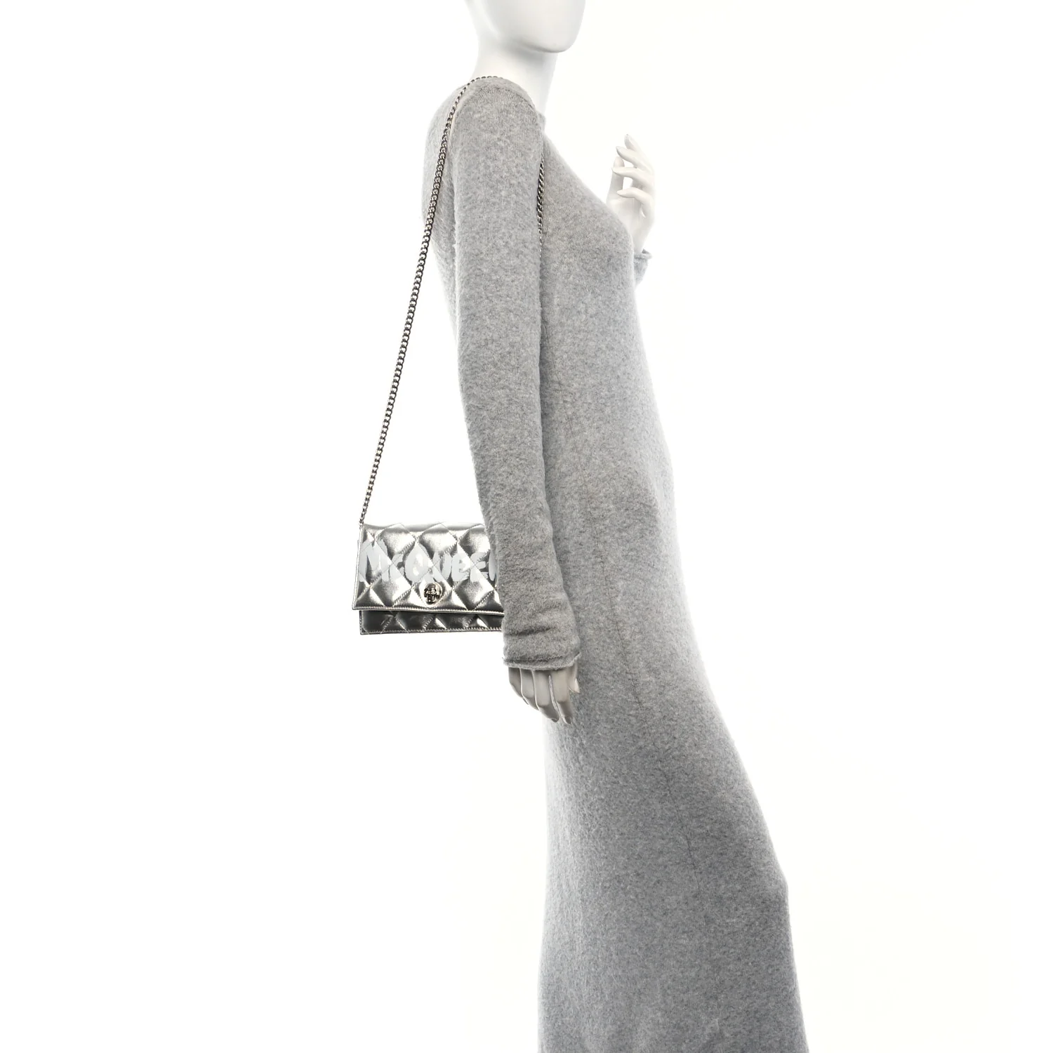 Metallic Calfskin Quilted Graffiti Skull Small Chain Crossbody Bag Silver