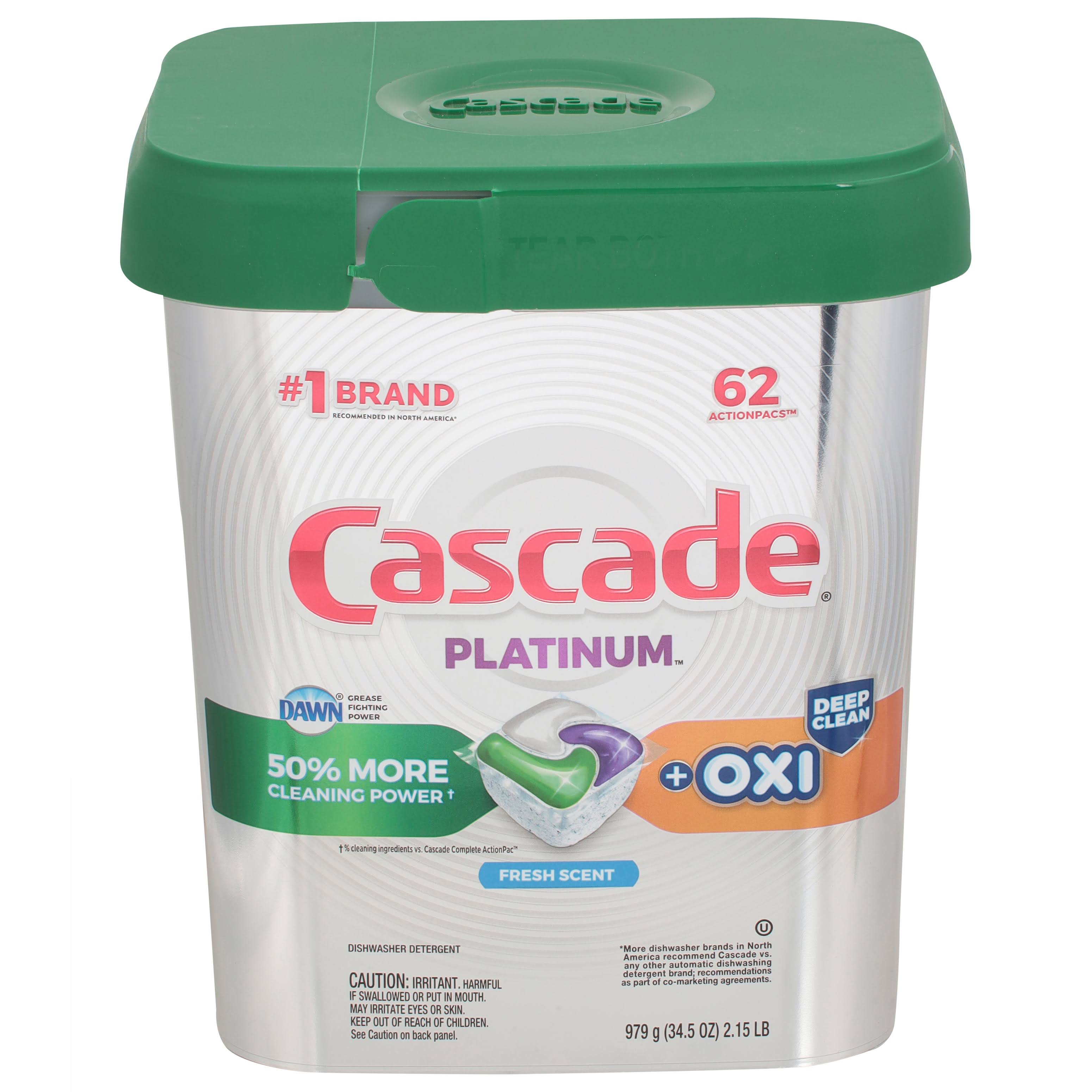 Cascade Platinum Dishwasher Detergent, Fresh Scent, ActionPacs - 62 actionpacs, 979 g