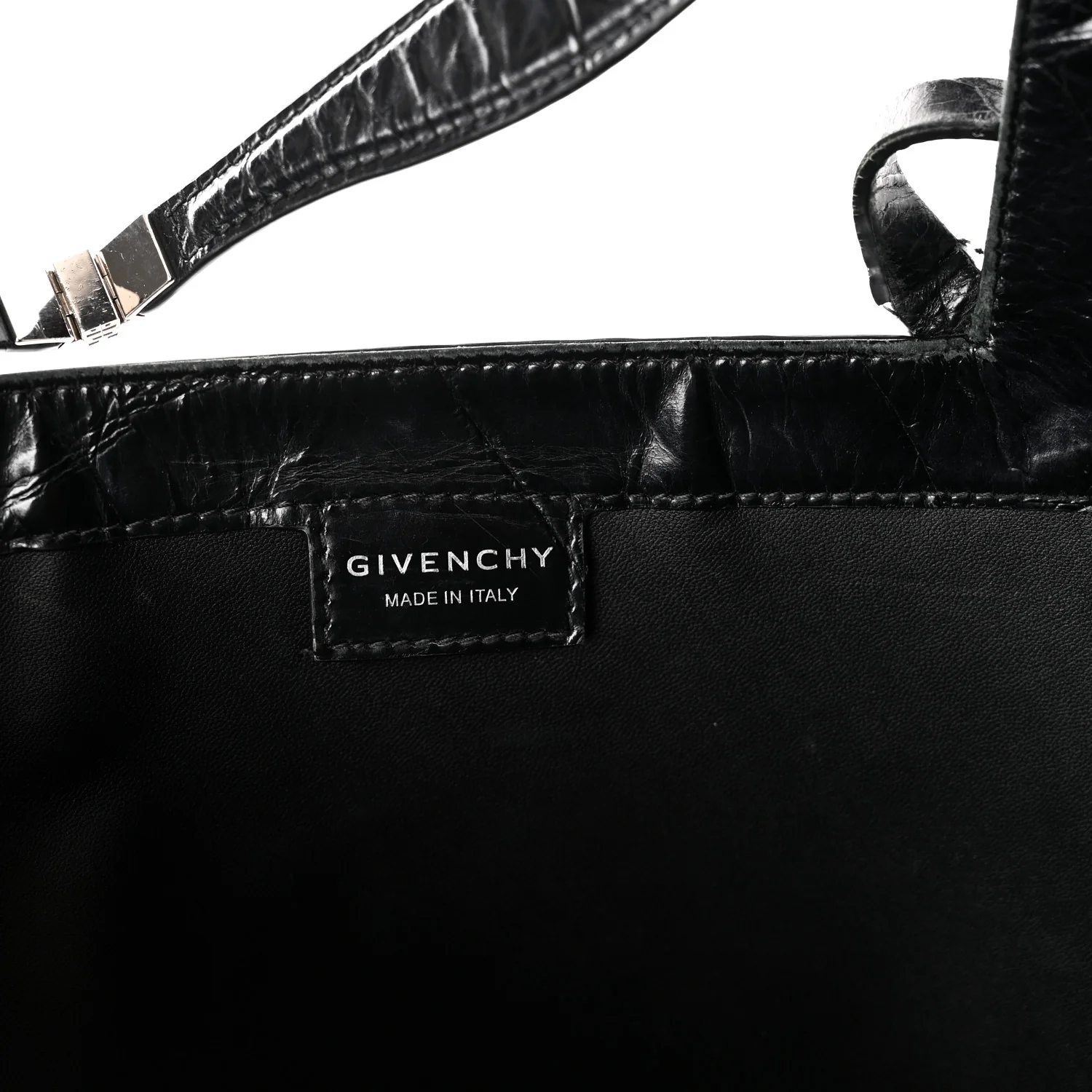 Calfskin Crocodile Embossed Large Cut Out Shoulder Bag Black