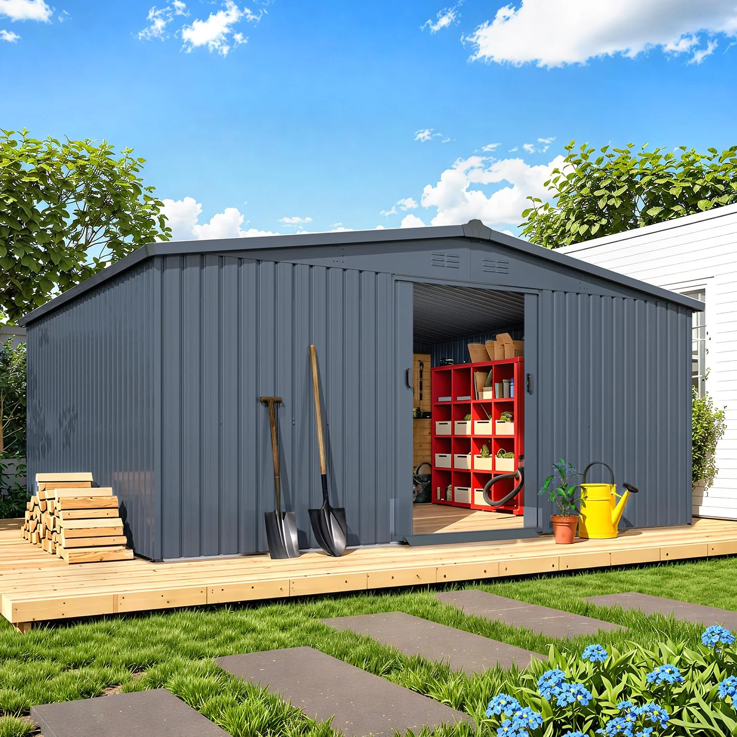 AECOJOY 12' x 14' Outdoor Storage Shed with Sliding Door, Metal Storage Tool Shed