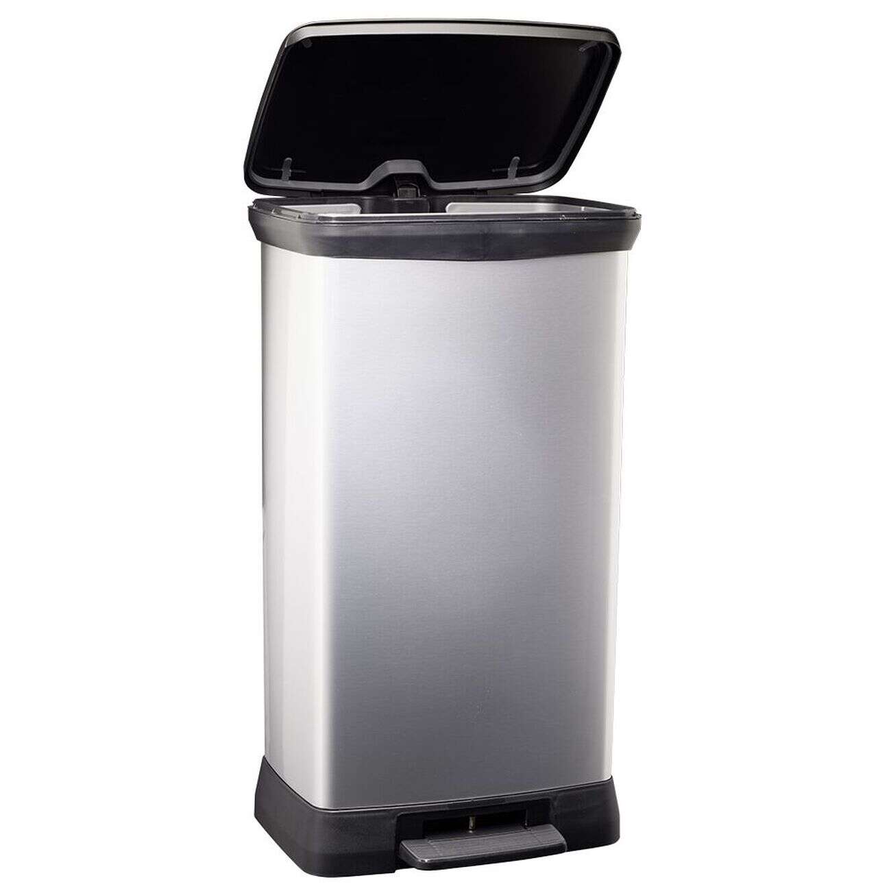 Poubelle à pédale plastique noir gris argenté 50L