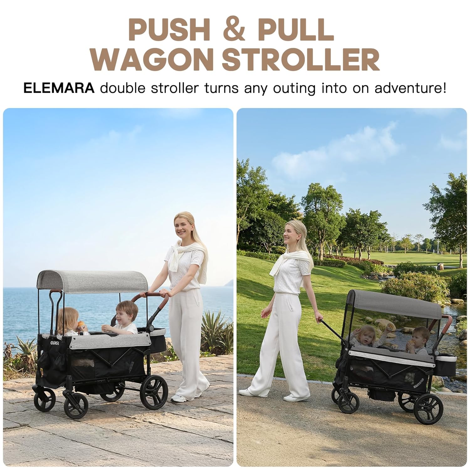 ELEMARA All-Terrain Stroller Wagon for 2 Kids, Foldable Kids Wagon Stroller Includes Removable Canopy, Mosquito Net, Adjustable Push & Pull Handle, Snack Tray & Cup Holders, Storage Basket, Grey+Black