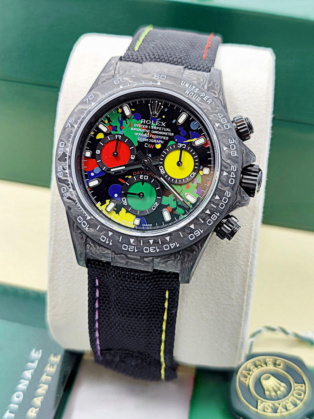 [Super Clone]Rolex Daytona DIW Carbon Motley Multicolour Dial Super Clone Swiss Replica Watch | Custom Made Limited Edition | 4130 Swiss Movement