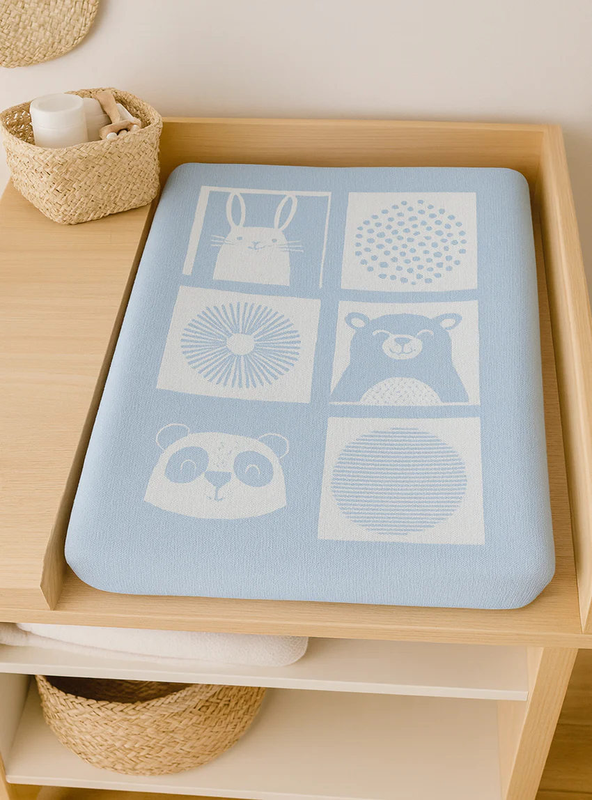 Plaid bébé laine mérinos motif animaux bleu pastel