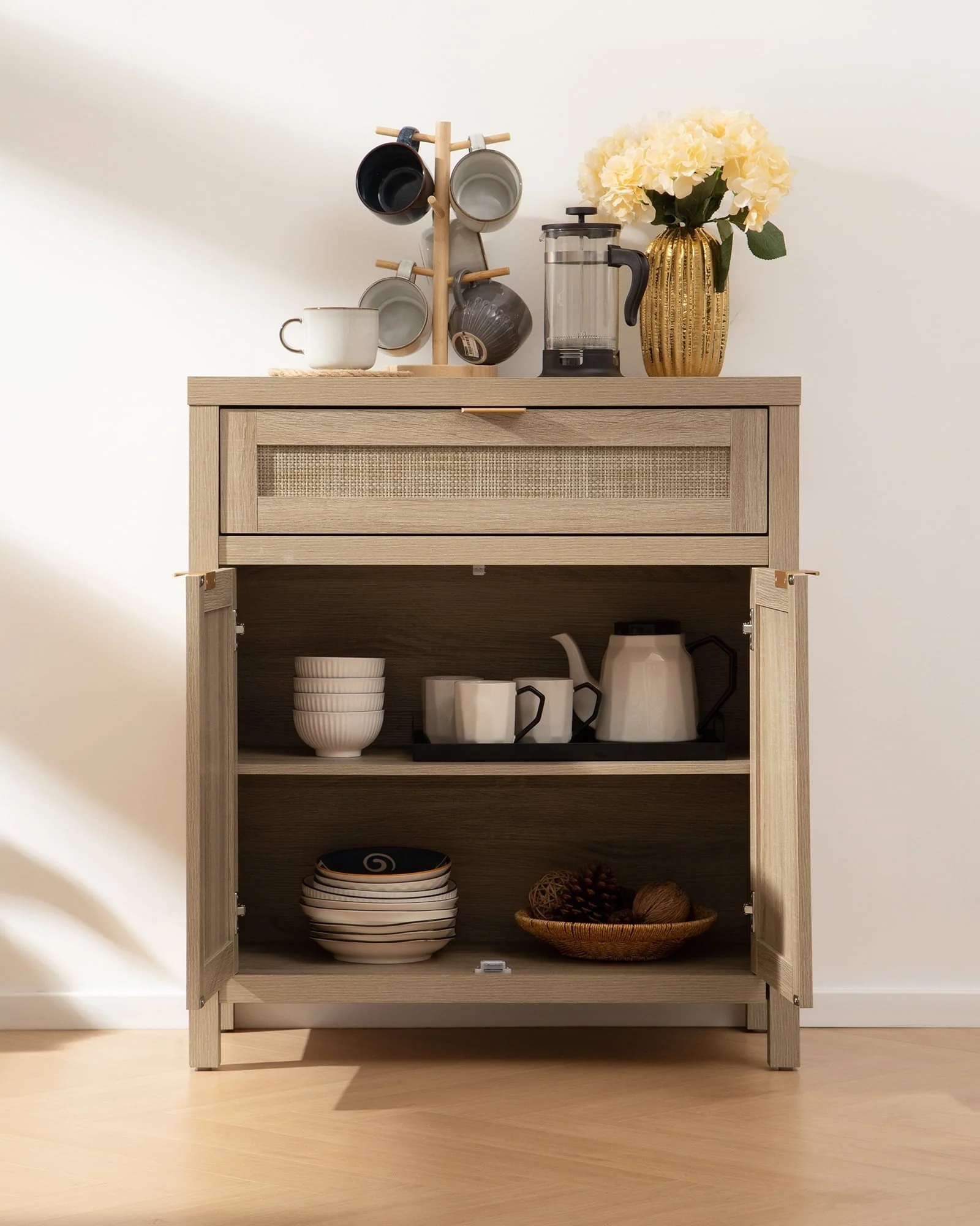 Rattan Sideboard Buffet Cabinet,Boho Storage Cabinet Buffet Table with Doors and Drawer,Coffee Bar Cabinet for Kitchen Entryway Living Dining Room,Light Oak(1PCS/Black) - Image 4