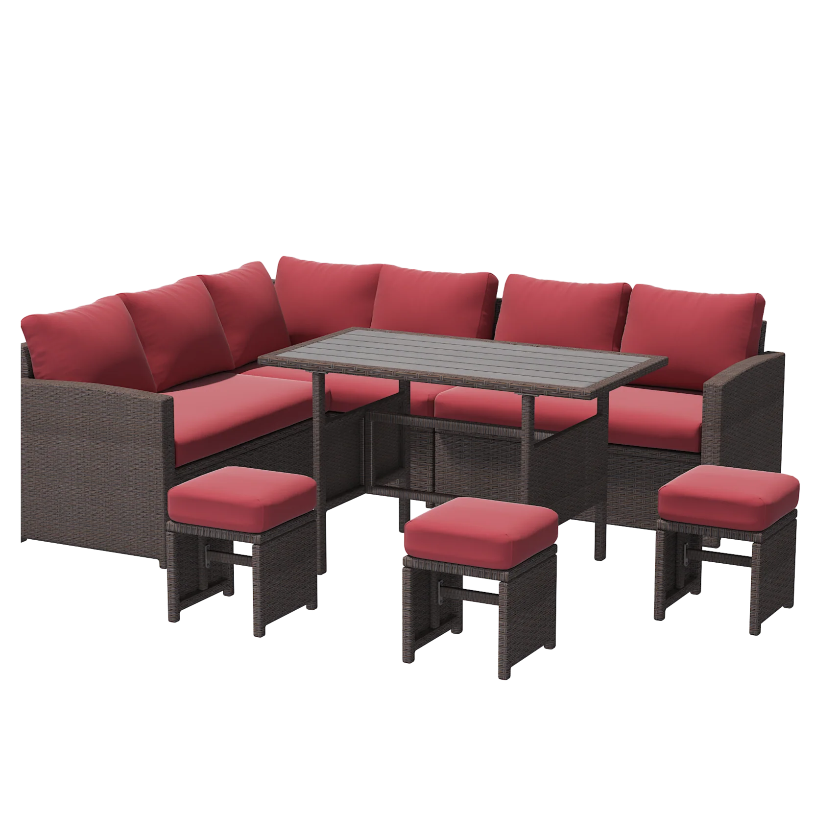 AECOJOY 7 Pieces Outdoor Wicker Rattan Furniture Set, Brown & Wine Red