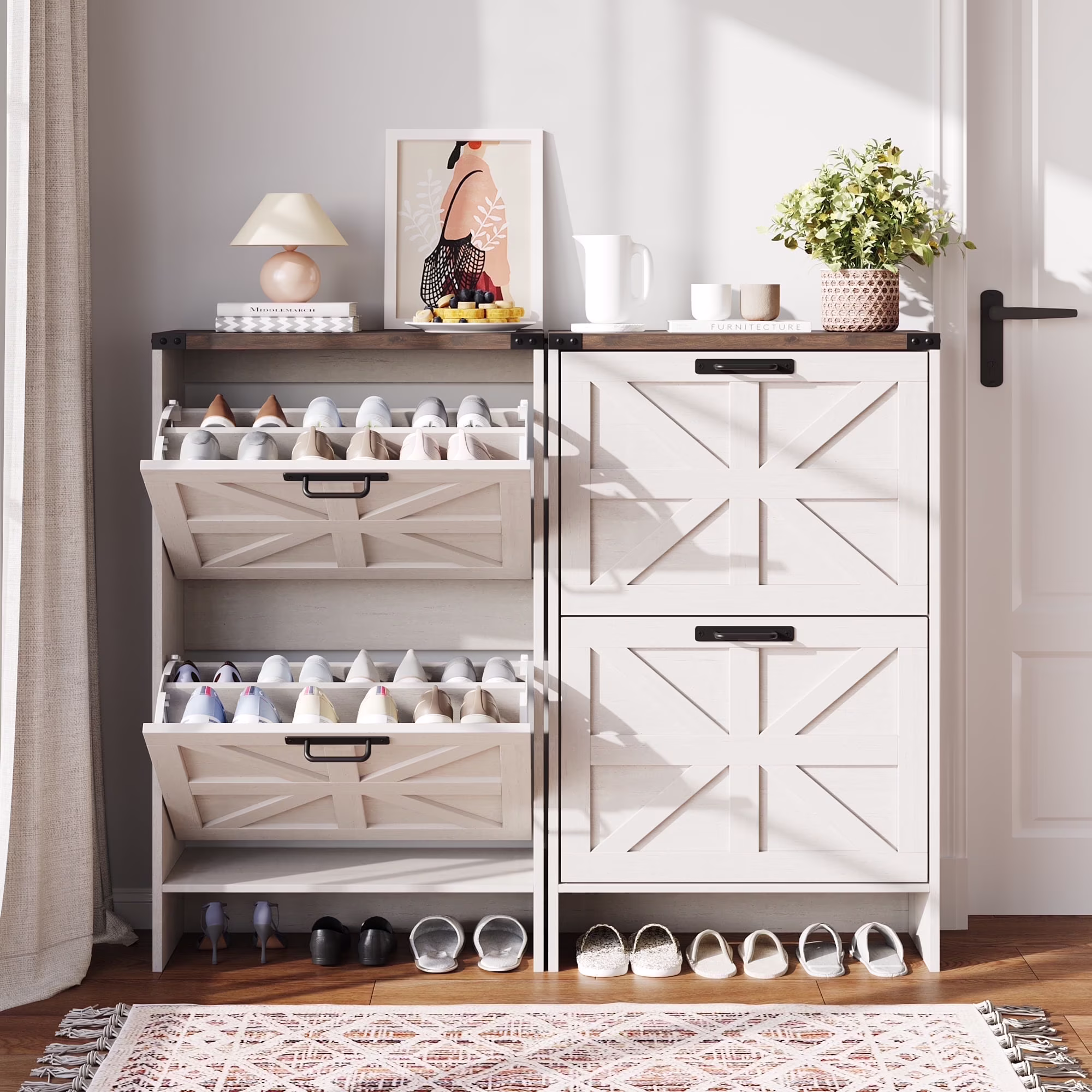 Shoes Storage Cabinet With Doors, Farmhouse Shoe Cabinet With 2 Flip Drawers For Entryway,Gray(White)