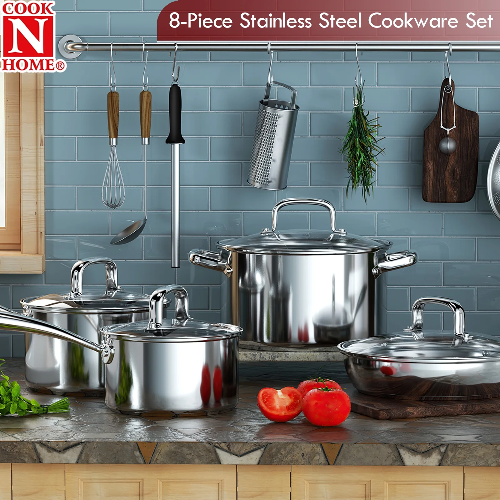 Cook N Home Pots and Pans Stainless Steel, 8 - Piece Induction Pot Kitchen Cookware Set, Silver, Oven Safe