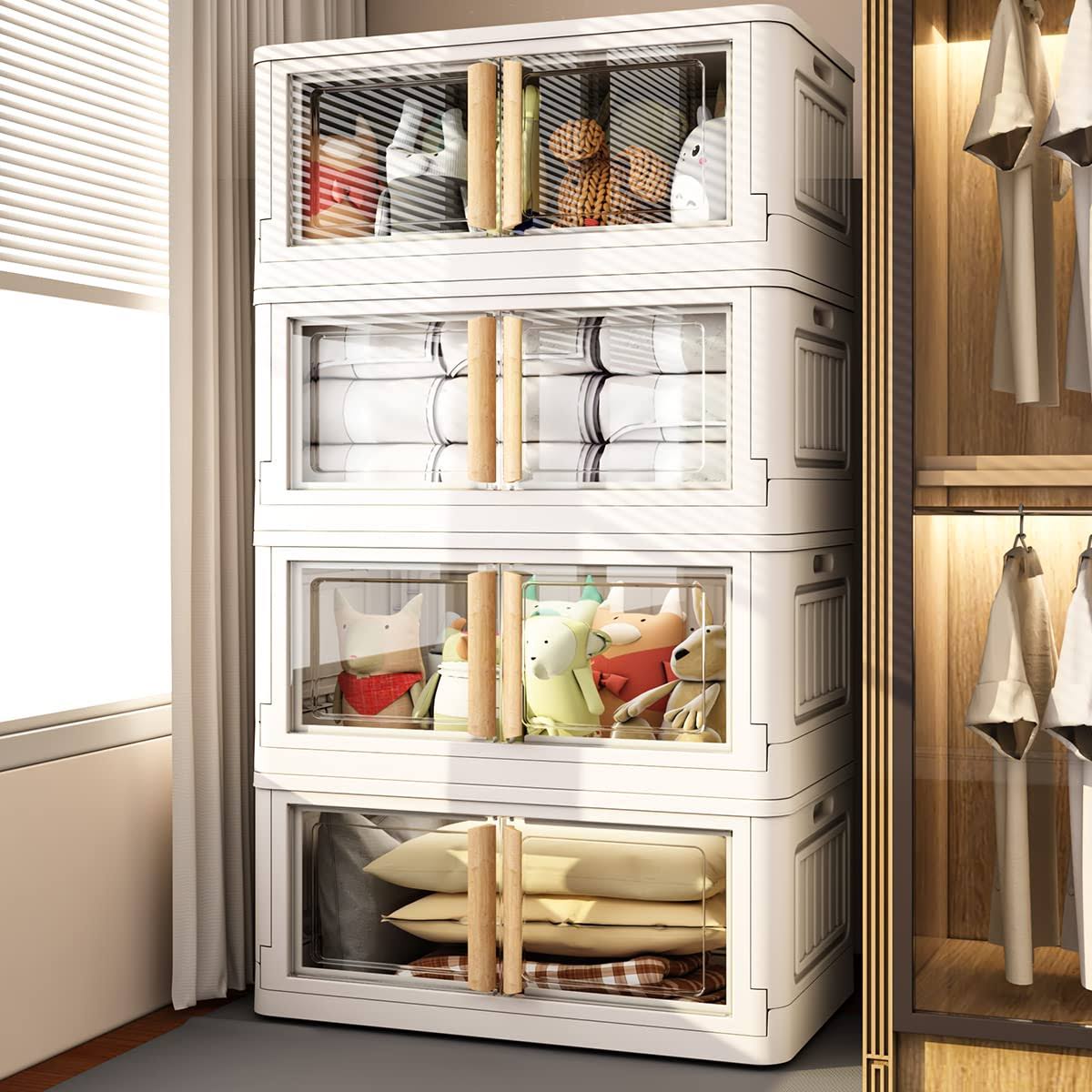 Storage Bins with Lids,78 Quart Plastic White Closet Organizers and Storage,4 Packs Stackable Bins with Wheels,Dual Open Collapsible Storage Bins