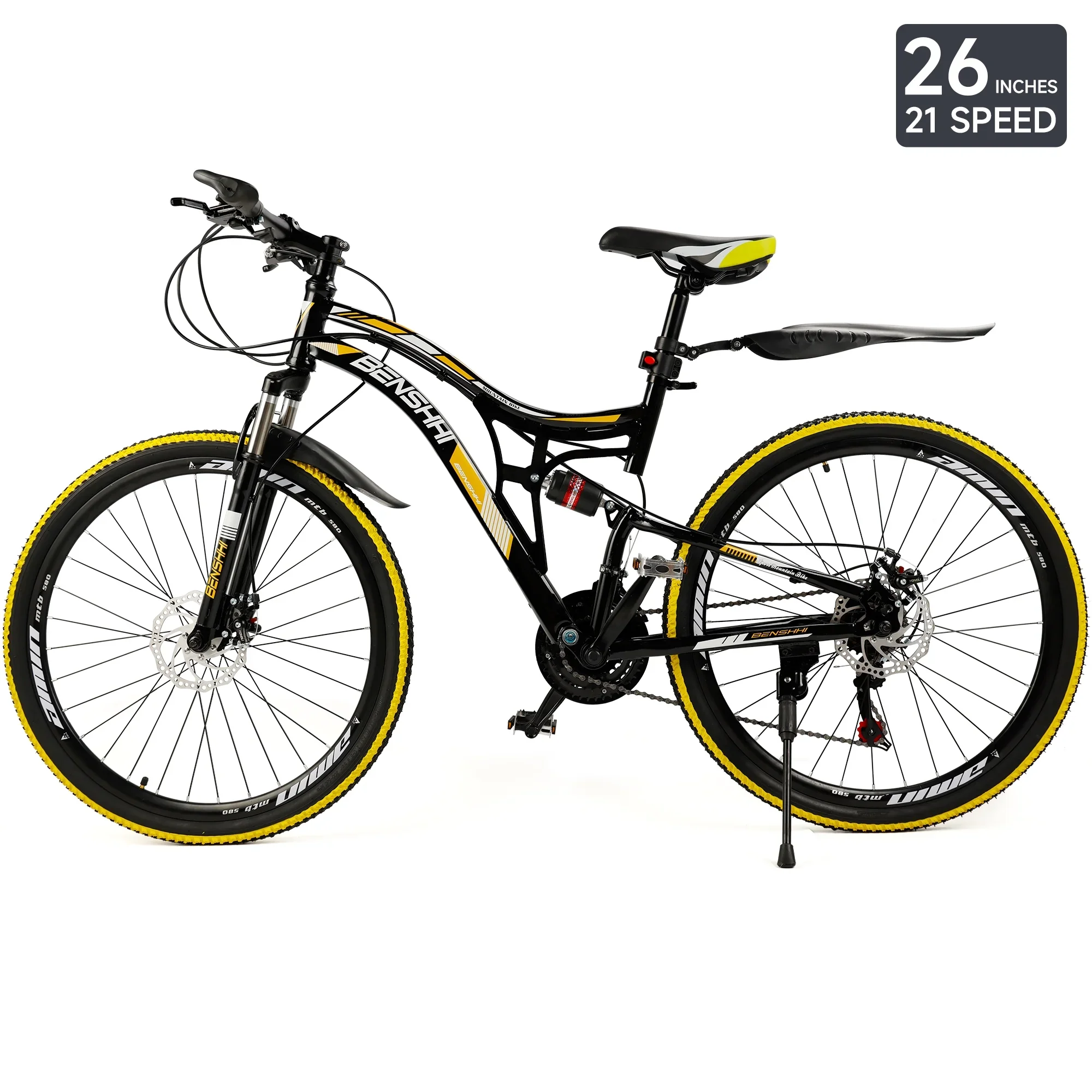 ARTUDATECH Full Suspension Mens Mountain Bike, Shimano 21 Speed, 26 Inch Wheel, Dual Disc Brake Bike for Men Womens Teen Adult Bicycle Thumb Shifter With Bike Lock And Air Pump