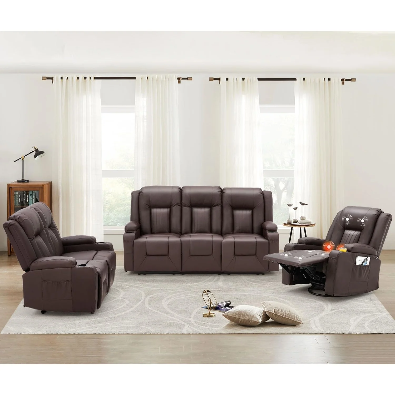 AECOJOY 3 PCS Leather Recliner Sofa Set with Swivel Massage Chair, Brown
