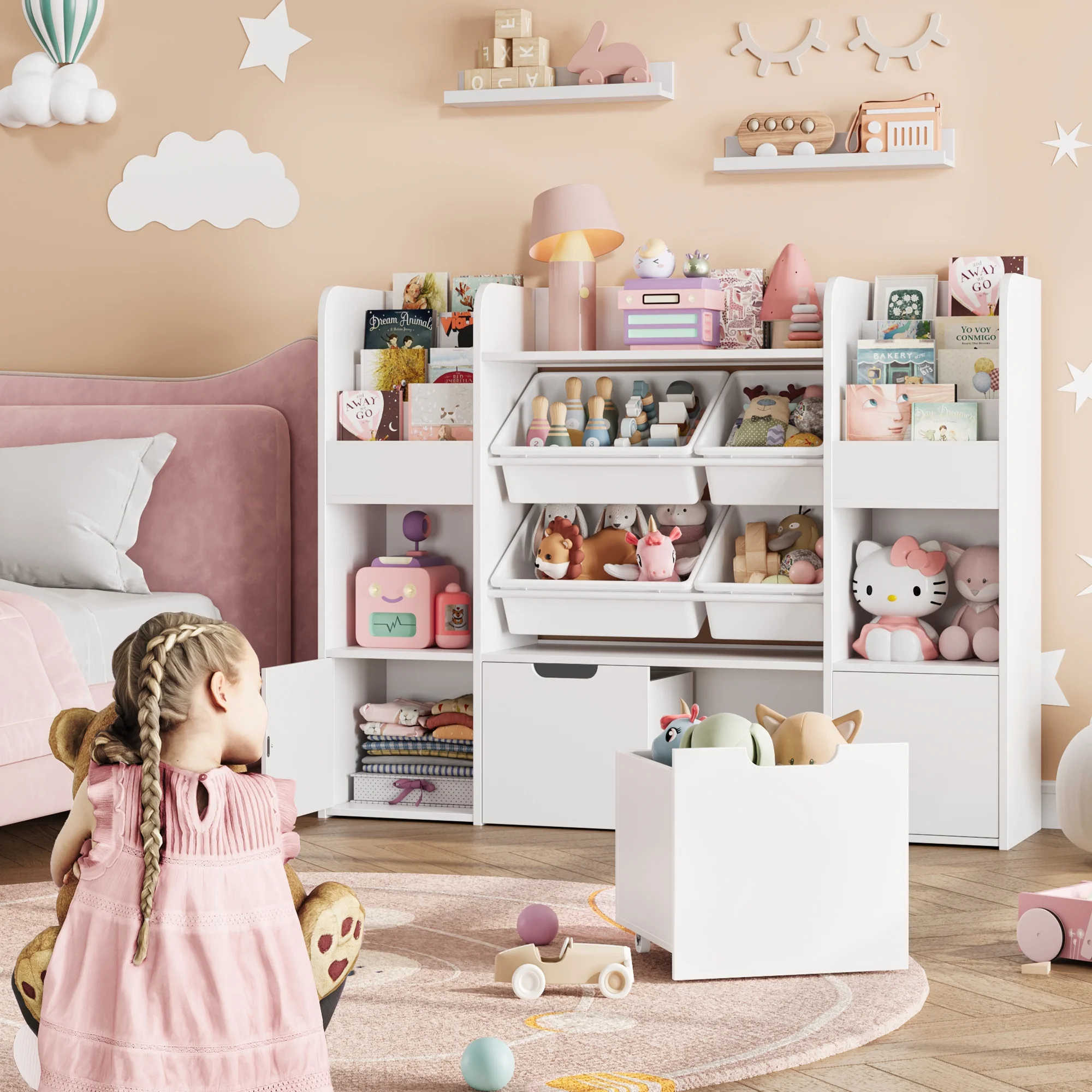 Kids Bookcase Toy Storage Organizer, Wooden Toy Organizer of 4 Bins 2 Removable Drawers for Home Bedroom, Kids Bookshelf Toy Box with Book Rack, White(White) - Image 6