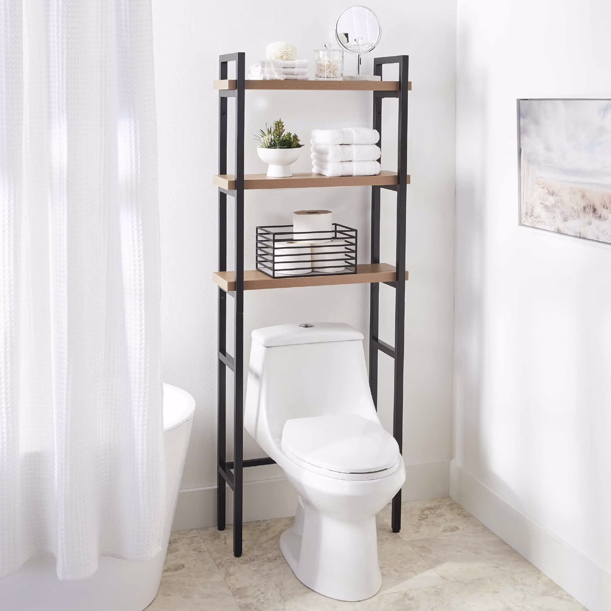 Better Homes & Gardens Jace 3-Shelf Over-the-Toilet Rack, Black Frame & Oak Shelves