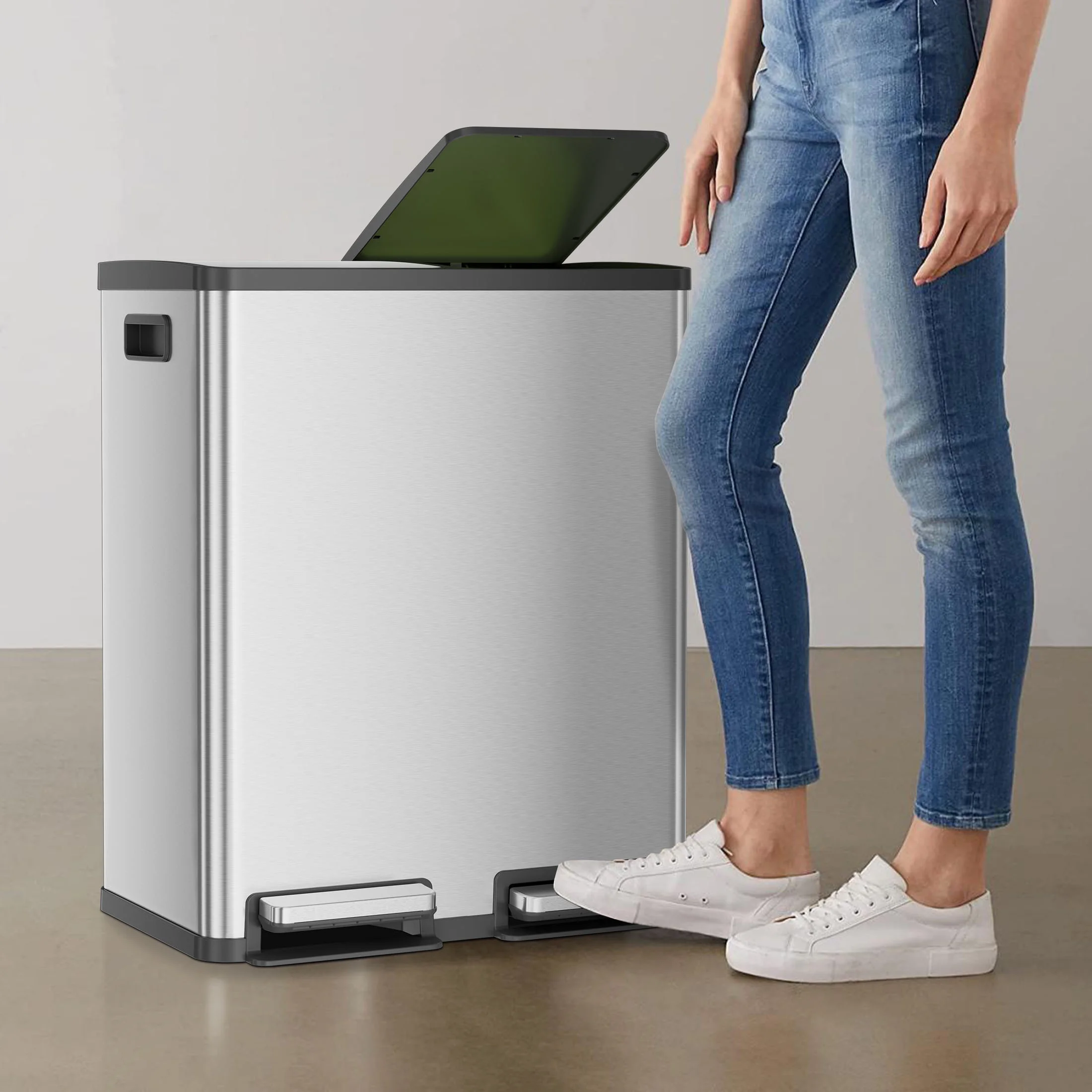 2 x 8.3 Gallon Dual Garbage Recycle Trash Can with Lid, Inner Buckets for Kitchen, Stainless Steel, Sliver(Sliver) - Image 4