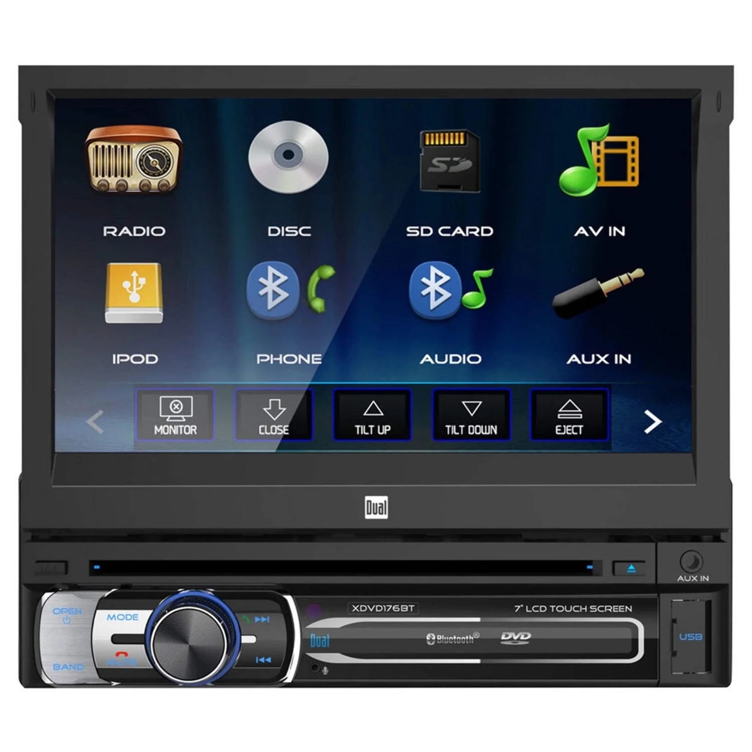 Dual Electronics XDVD176BT 7 - Inch LED Backlit LCD Multimedia Retractable and Detachable Touch Screen Single Din Car Stereo with Built - in Bluetooth, Iplug, CD/DVD Player and USB/Microsd Ports