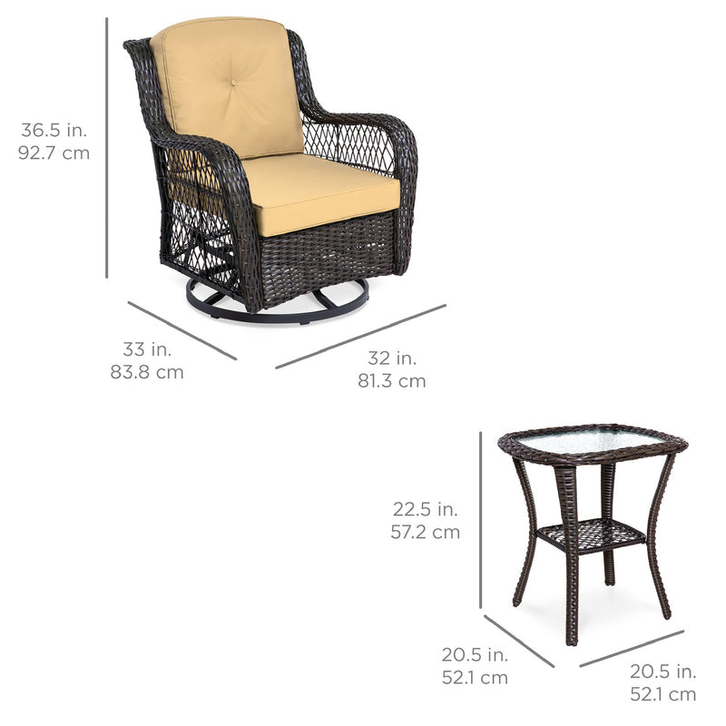 Ensemble de mobilier de jardin en résine tressée 3 pièces avec 2 fauteuils pivotants à bascule et table