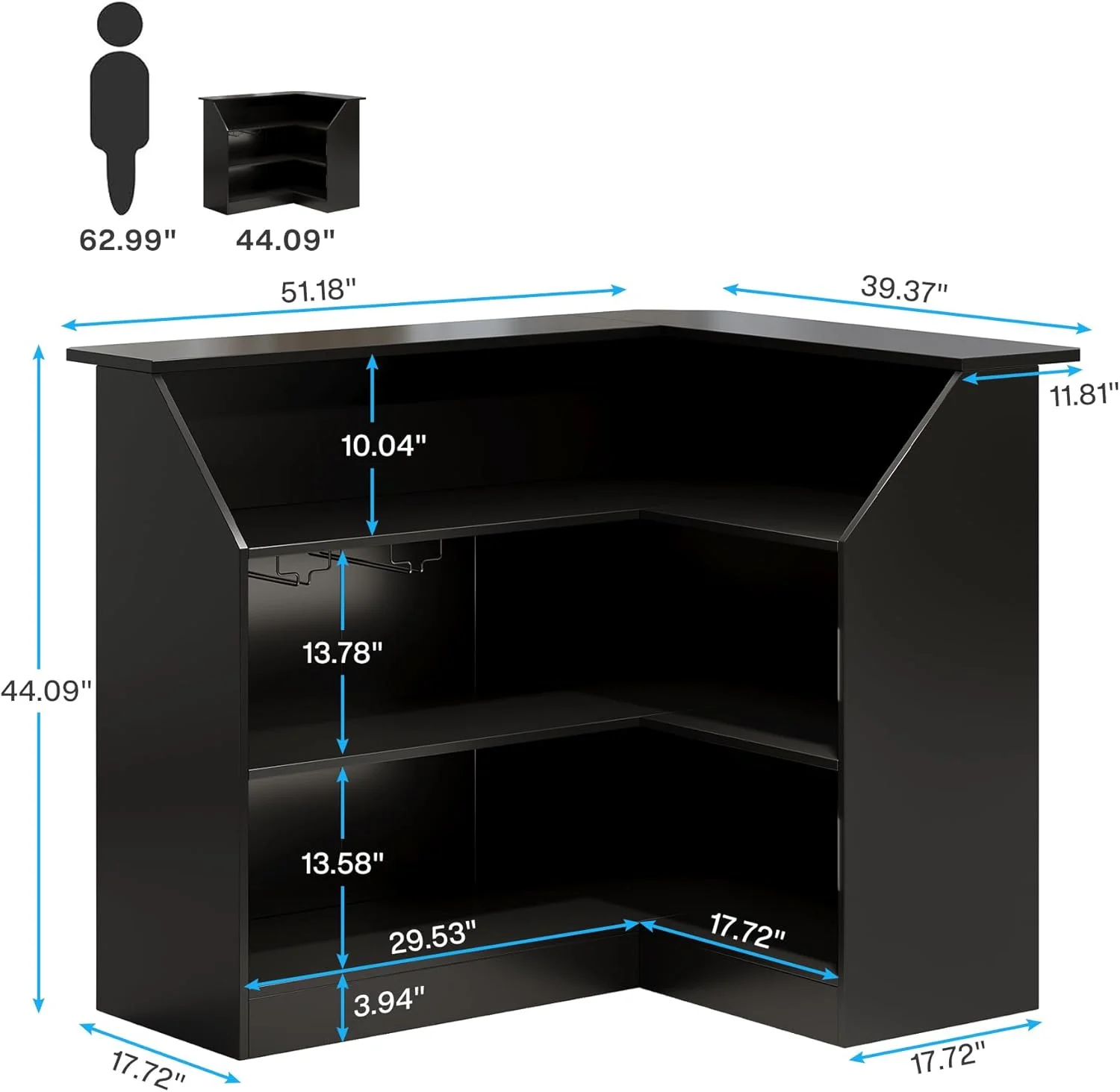 Bar Cabinet, L-Shaped Home Bar Table with Stemware Racks(Black) - Image 2