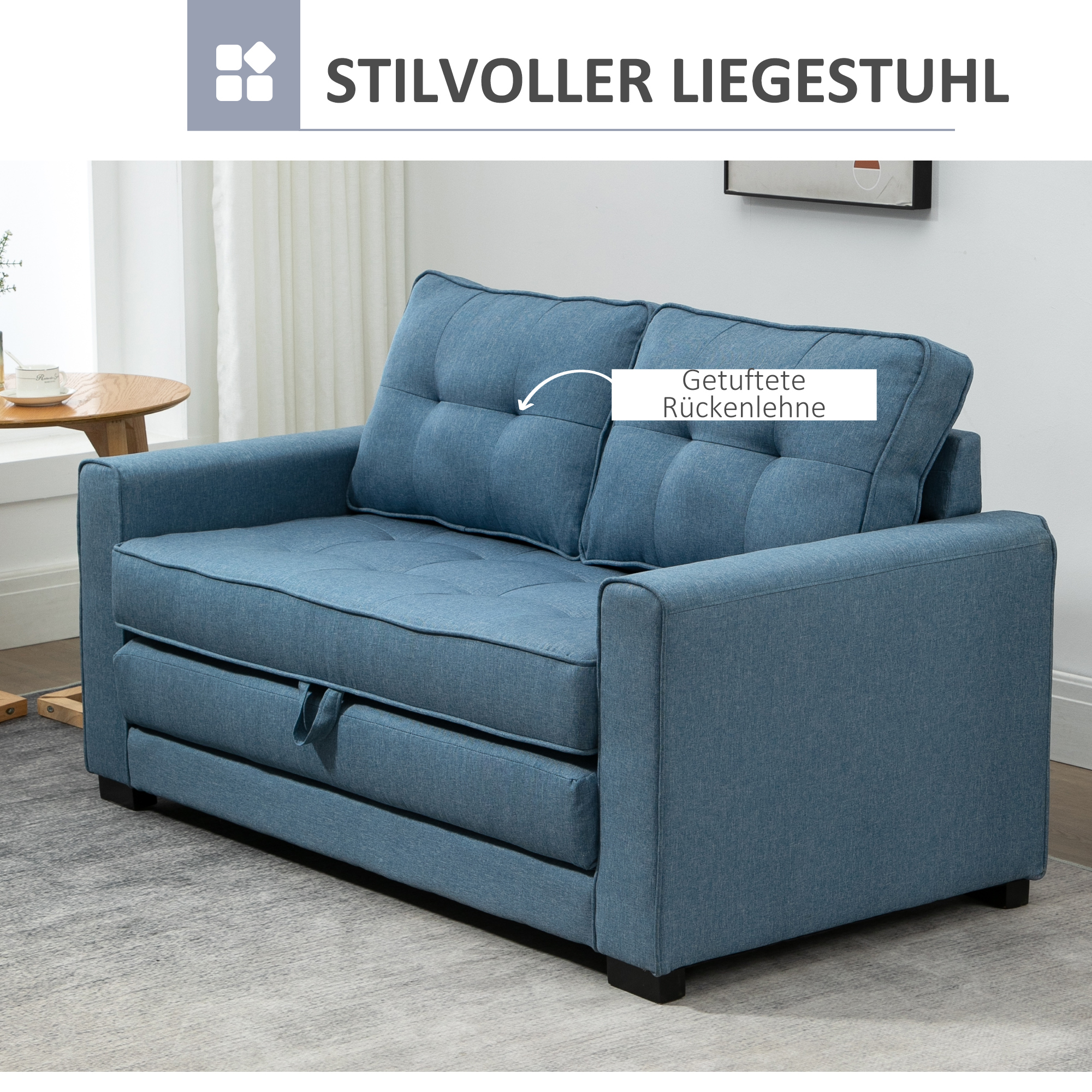 HOMCOM slaapbank, opklapbare sofa 2-zits, stoffen slaapbank, sofa met slaapfunctie, linnen touch, rubber hout, blauw, 147.5 x 75 x 85 cm
