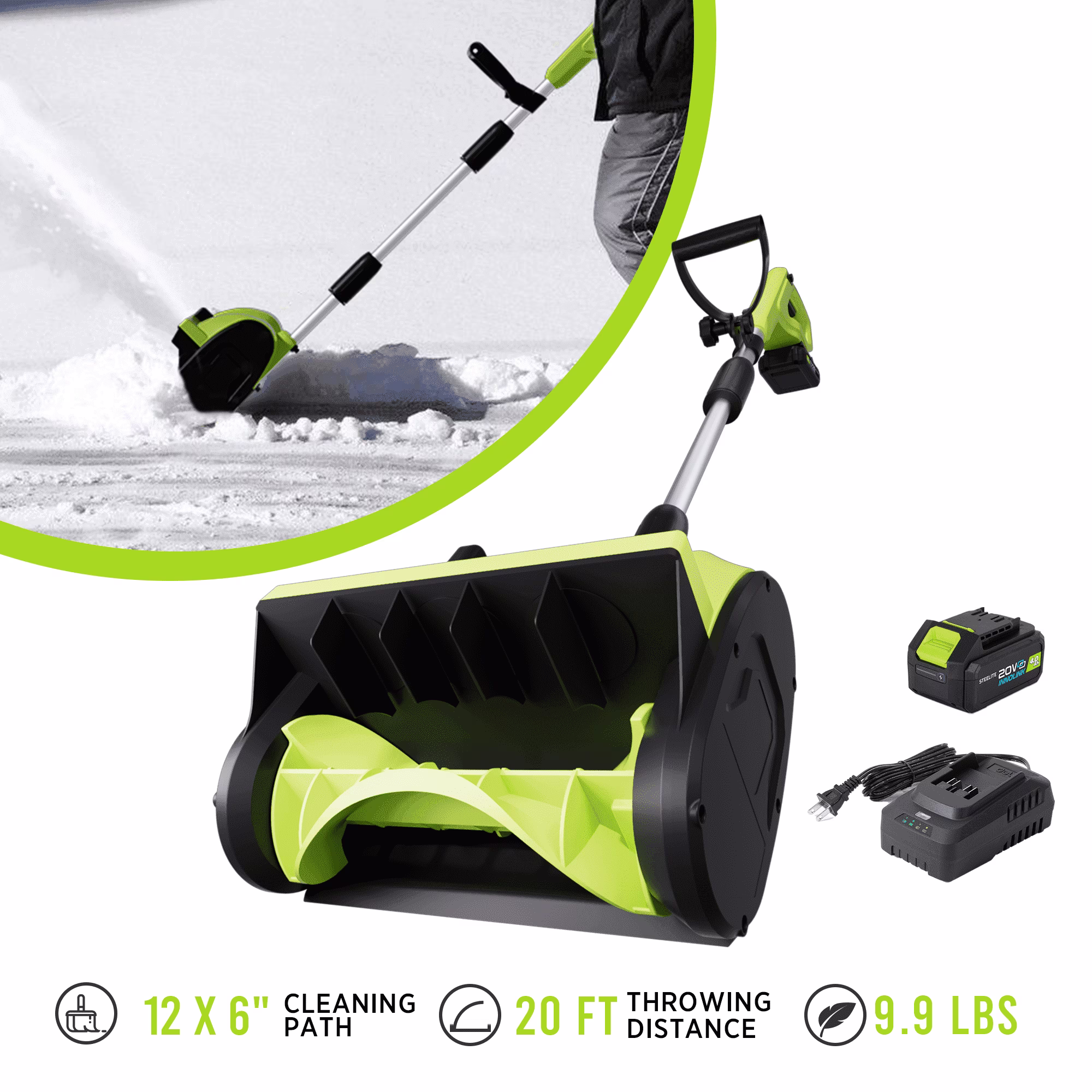 Steelite 21V 12 in Cordless Snow Shovel, Battery Powered Snow Blower with Directional Plate & Adjustable Front Handle, 4.0 - Ah Battery & Quick Charger Included