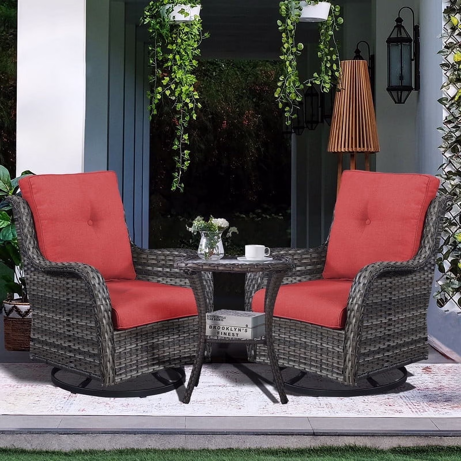 3 Piece Patio Set Outdoor Wicker Glider Rocking and Swivel Chairs with Cushions(Yellow/Beige) - Image 7