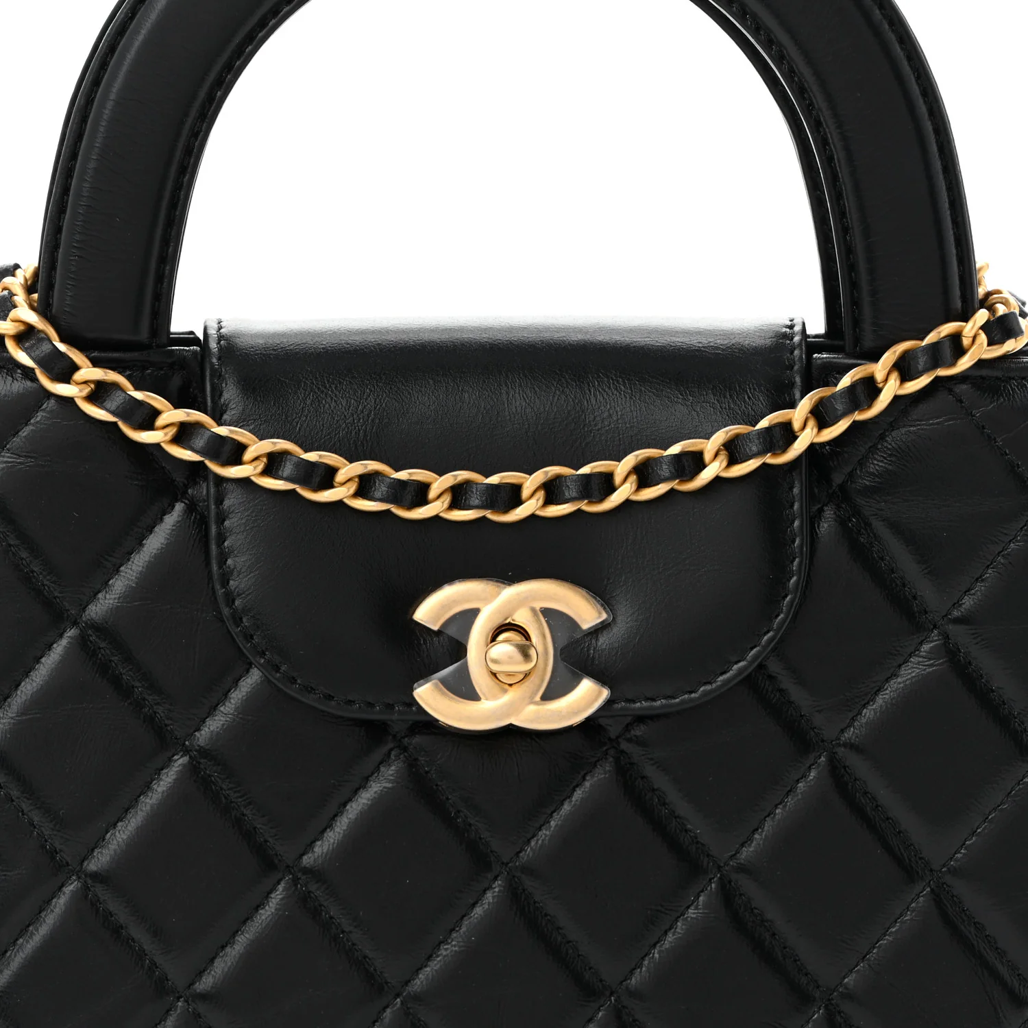 Shiny Aged Calfskin Quilted Nano Kelly Shopper Black