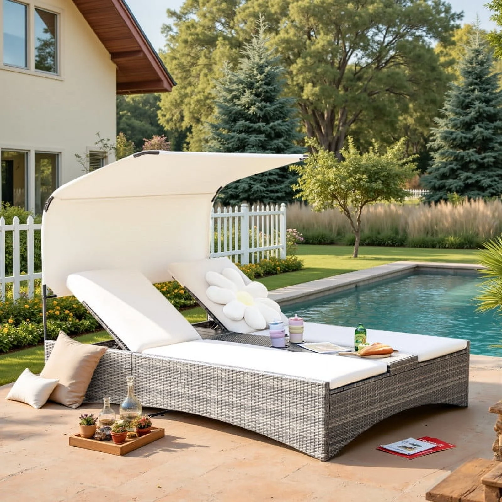 Rattan Double Lounge Chaise, Adjustable Backrest Daybed with Sunshade and Cup Holder for Deck, Poolside, Balcony,beige(Beige) - Image 7