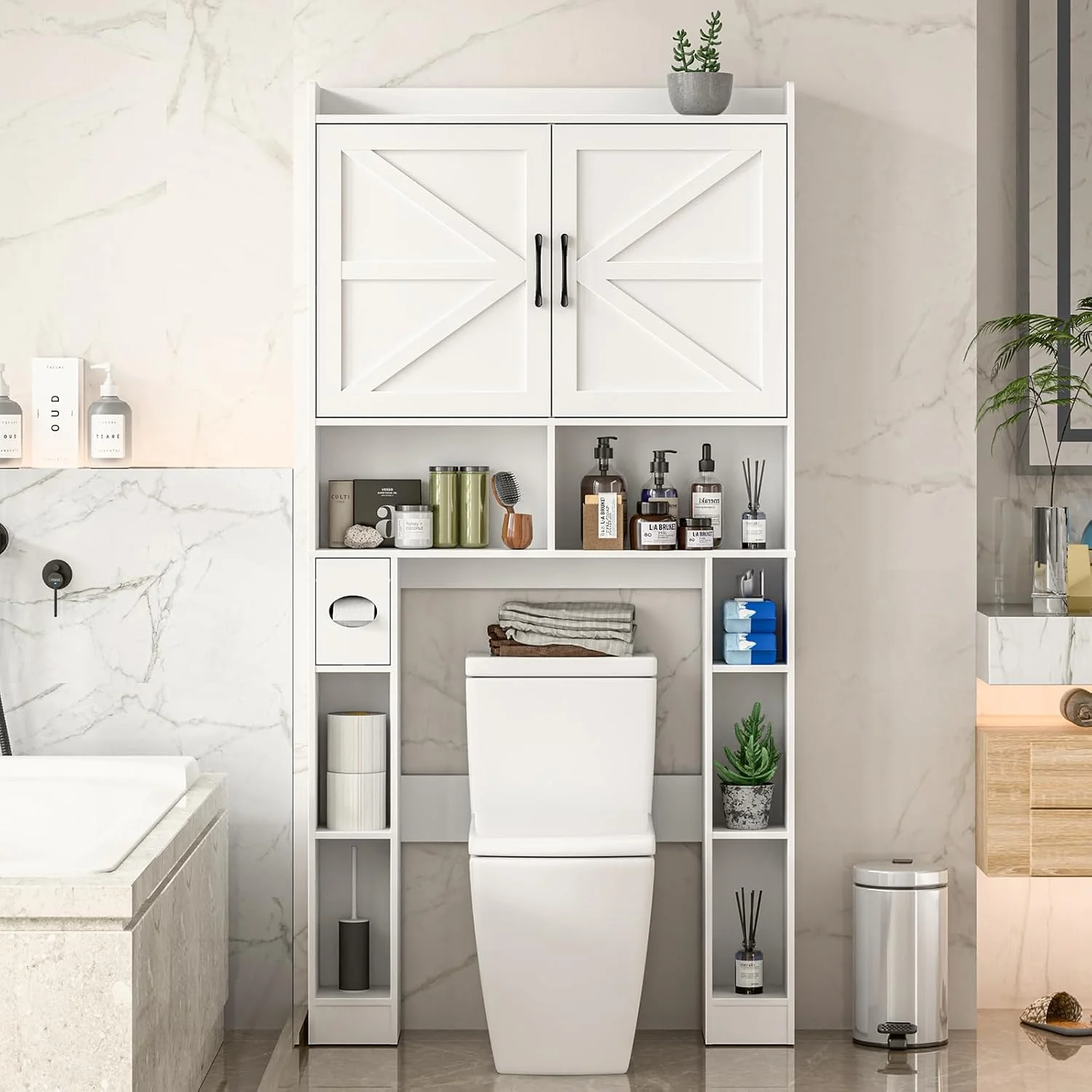 Over The Toilet Storage Cabinet with Toilet Paper Holder Stand, Above Toilet with Adjustable Shelf 2 Doors(Unique White) - Image 6