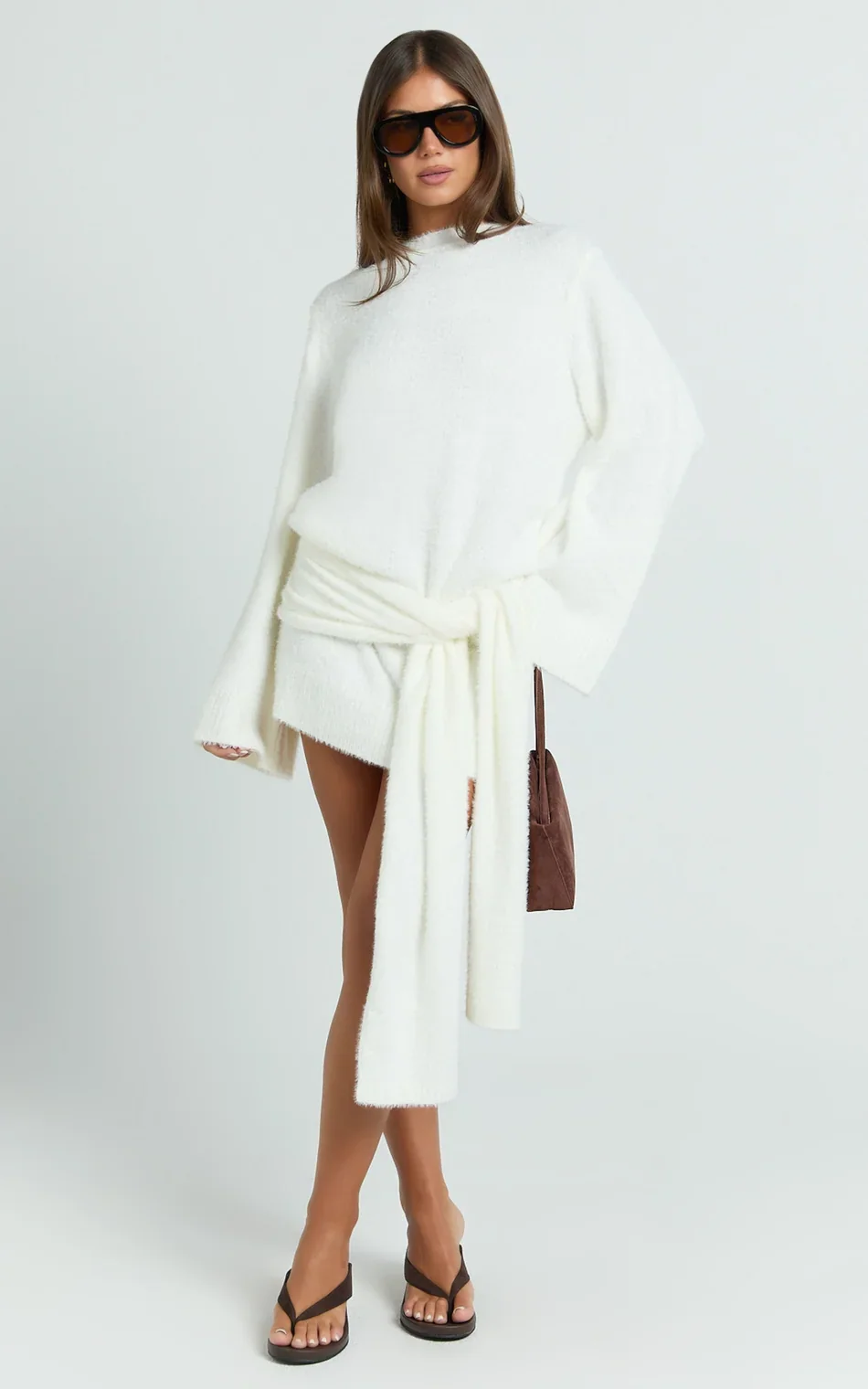Tisdale Mini Dress - Wrap Skirt Fluffy Knit Jumper Dress in Cream